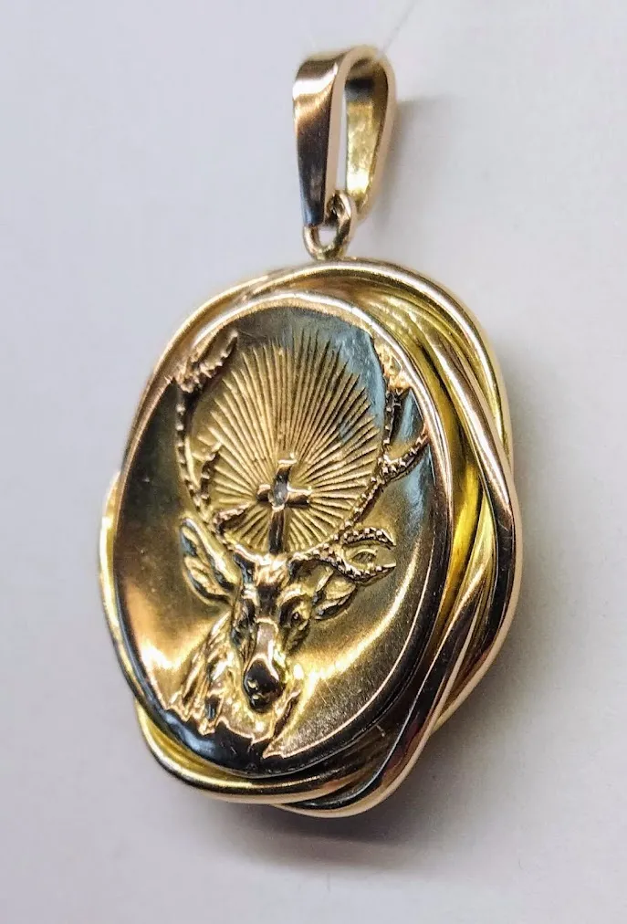 Zlatý art-deco svatohubertský přívěsek s diamantem – medailon - 3