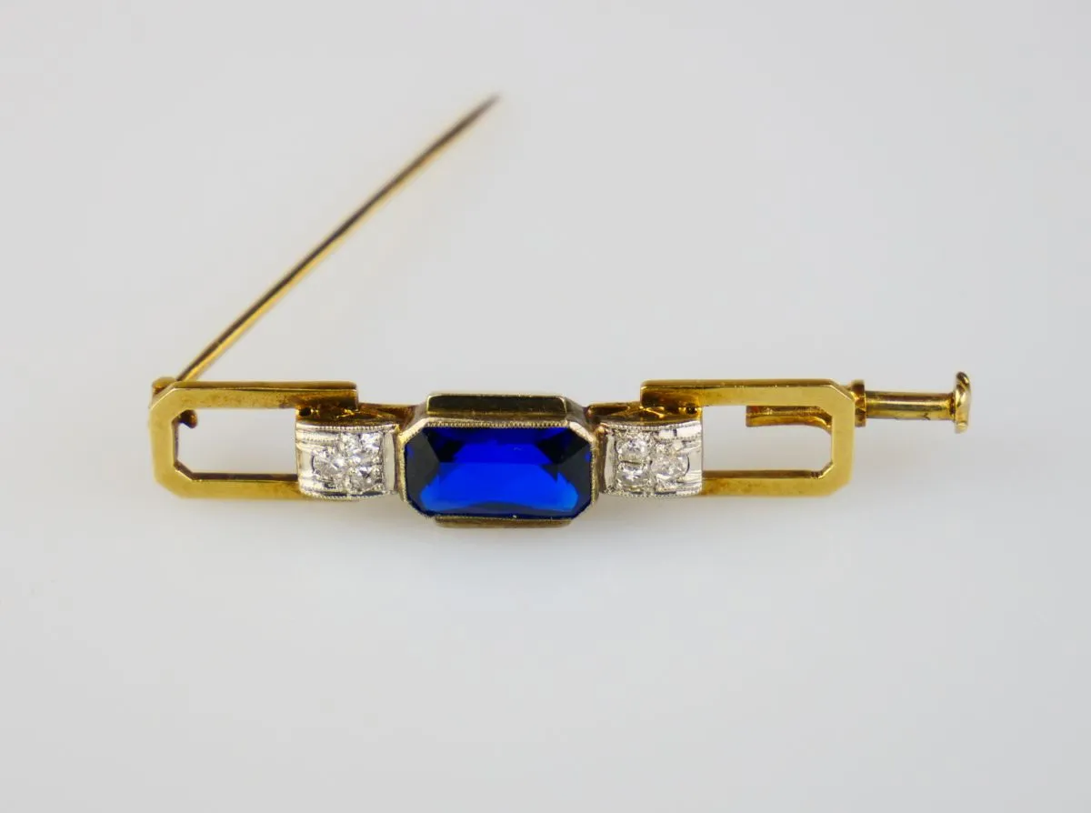 Art deco zlatá brož s diamanty a safírem - 3