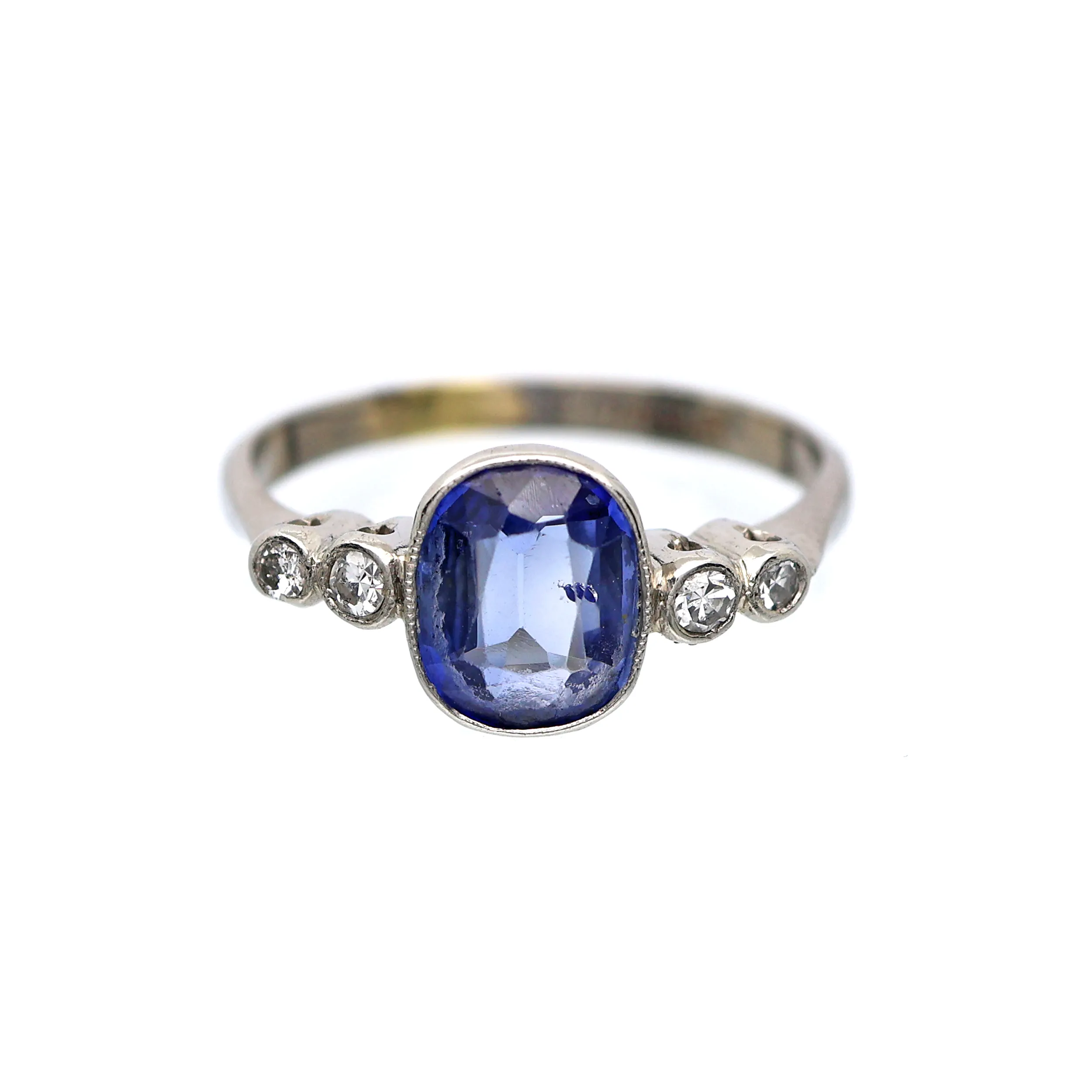 Zlatý platinový prsten s přírodním safírem a brilianty 0,15ct