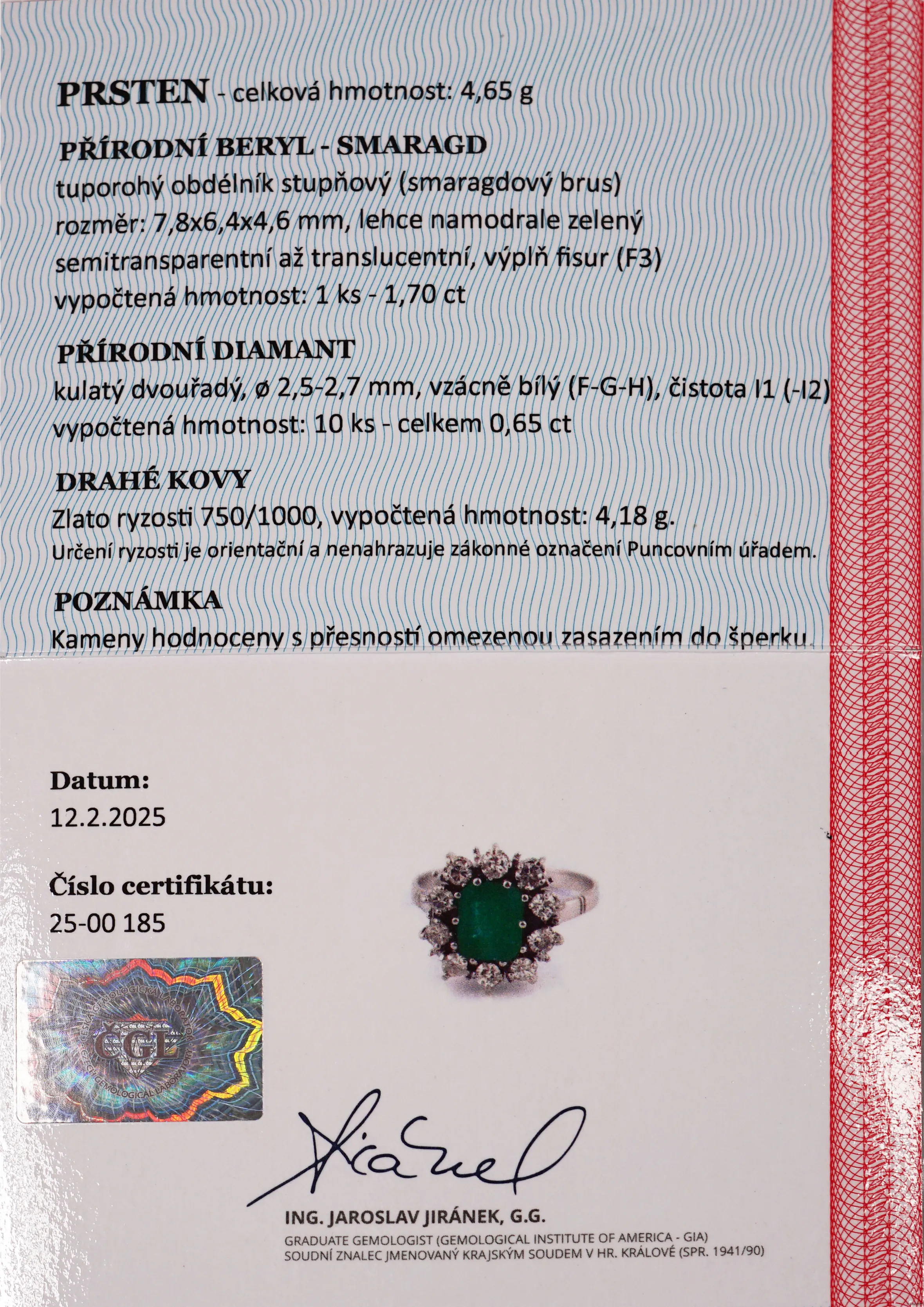 Zlatý prsten s brilianty a smaragdem - 5