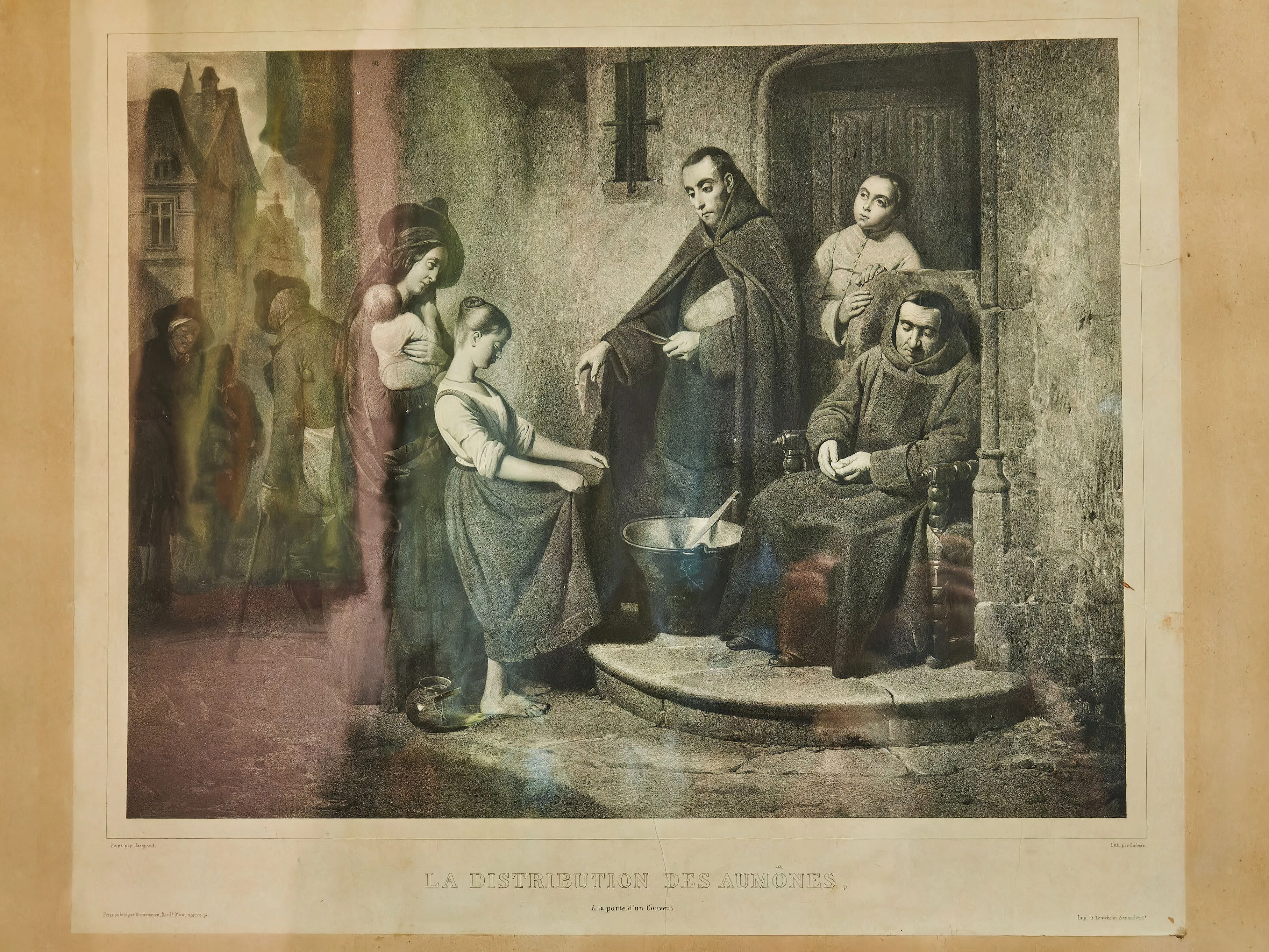 Rozdělování almužen – litografie v krásném rámu 92 X 103 cm - 2