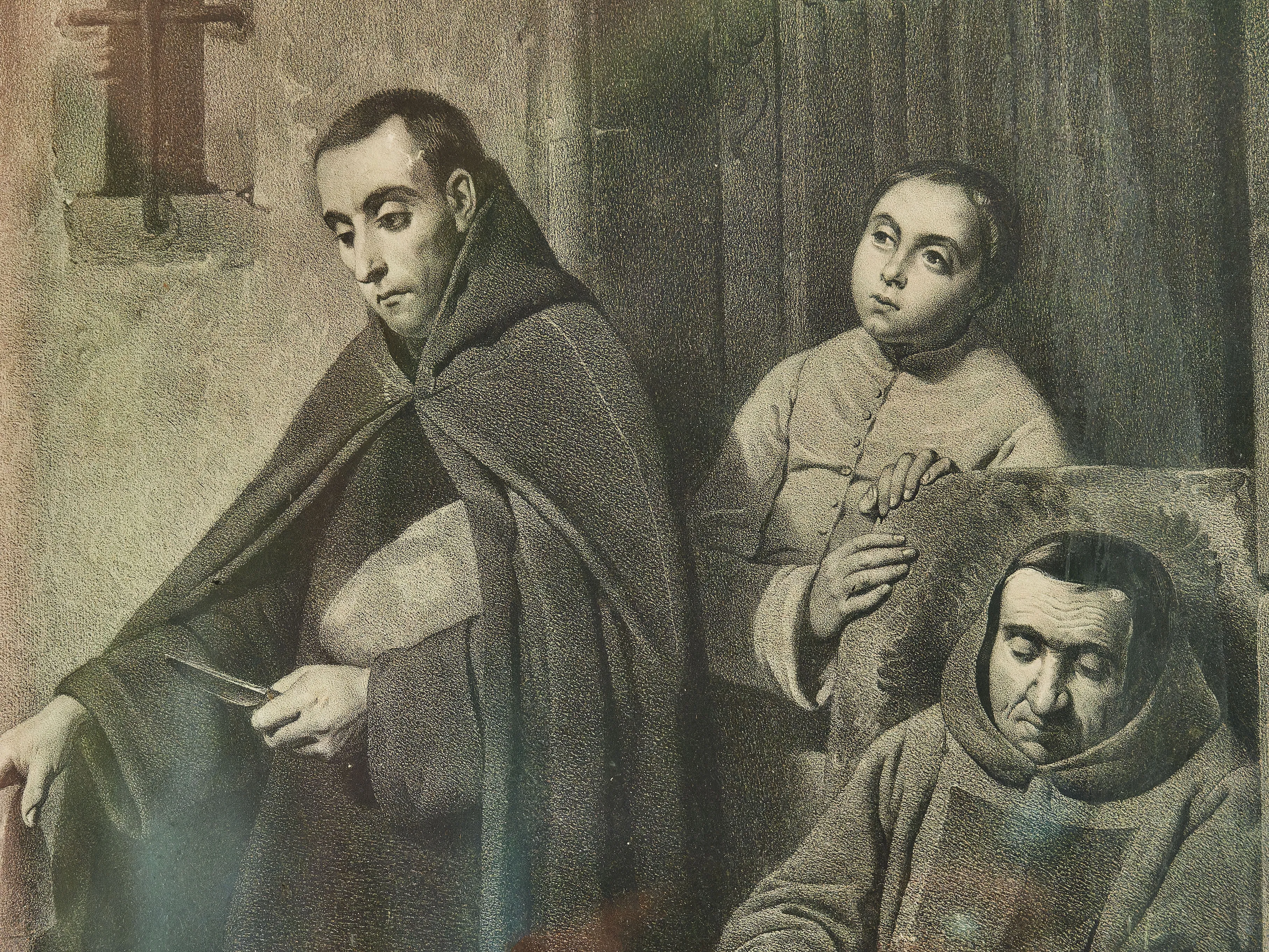 Rozdělování almužen – litografie v krásném rámu 92 X 103 cm - 3
