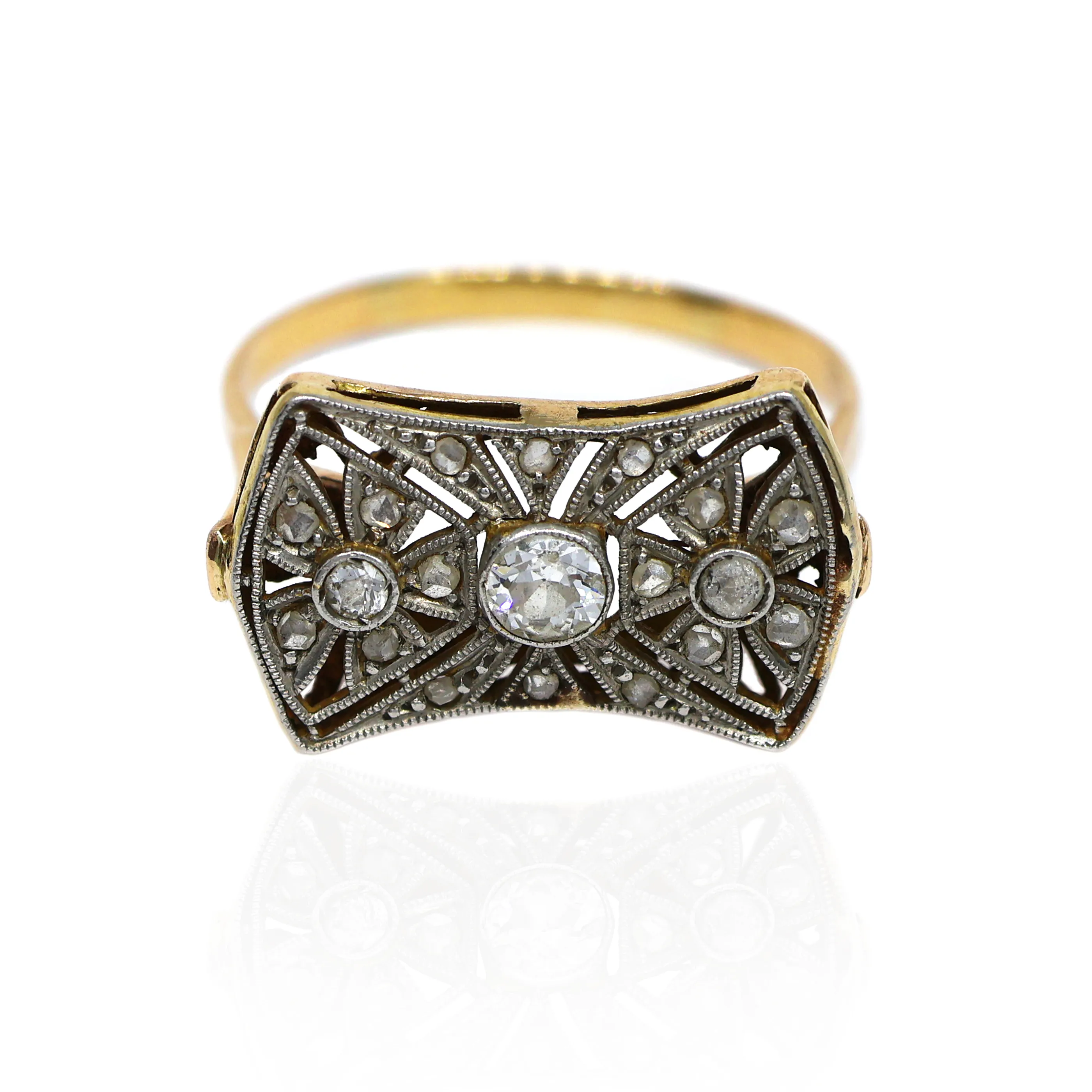 Art deco zlatý platinový prsten s diamanty