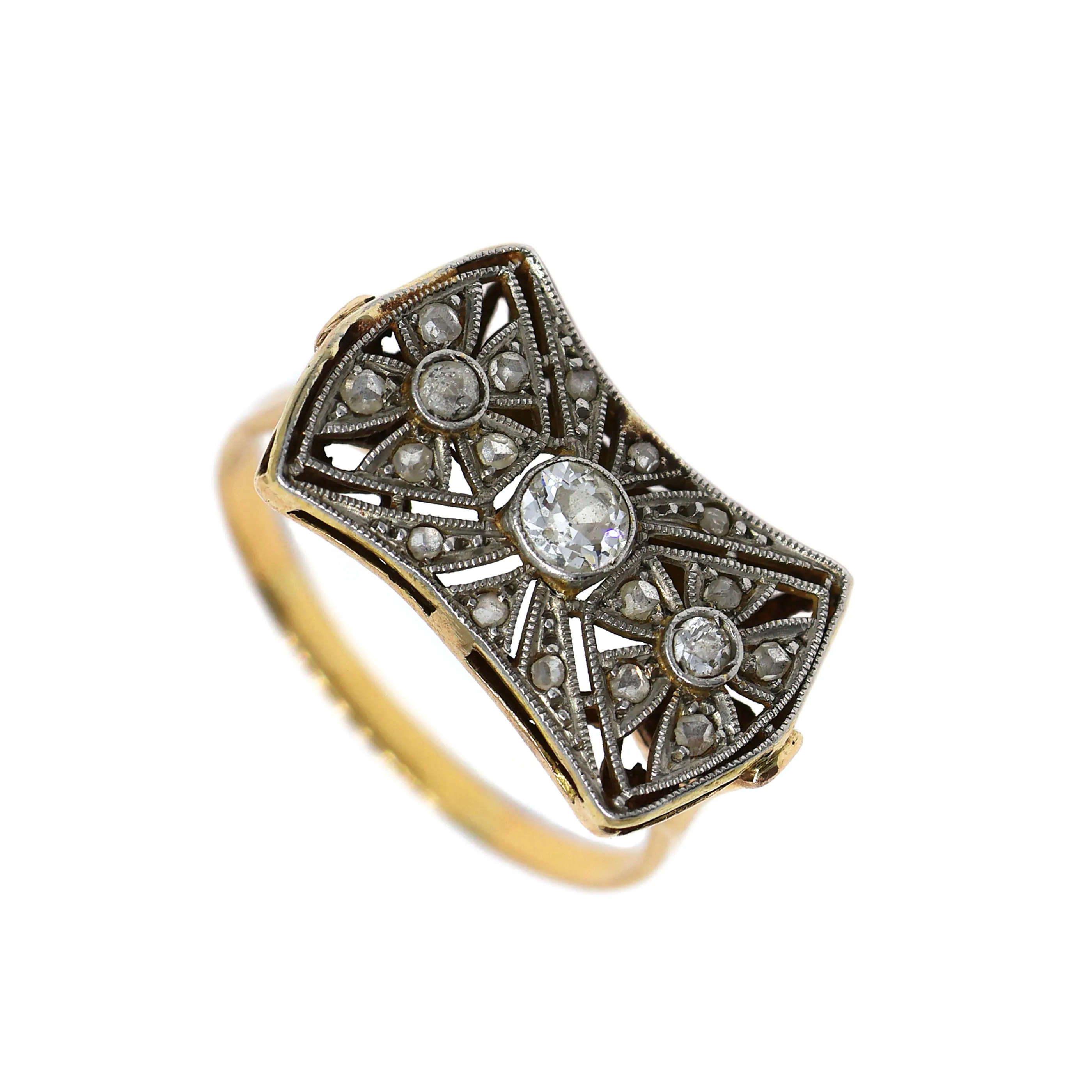 Art deco zlatý platinový prsten s diamanty - 2