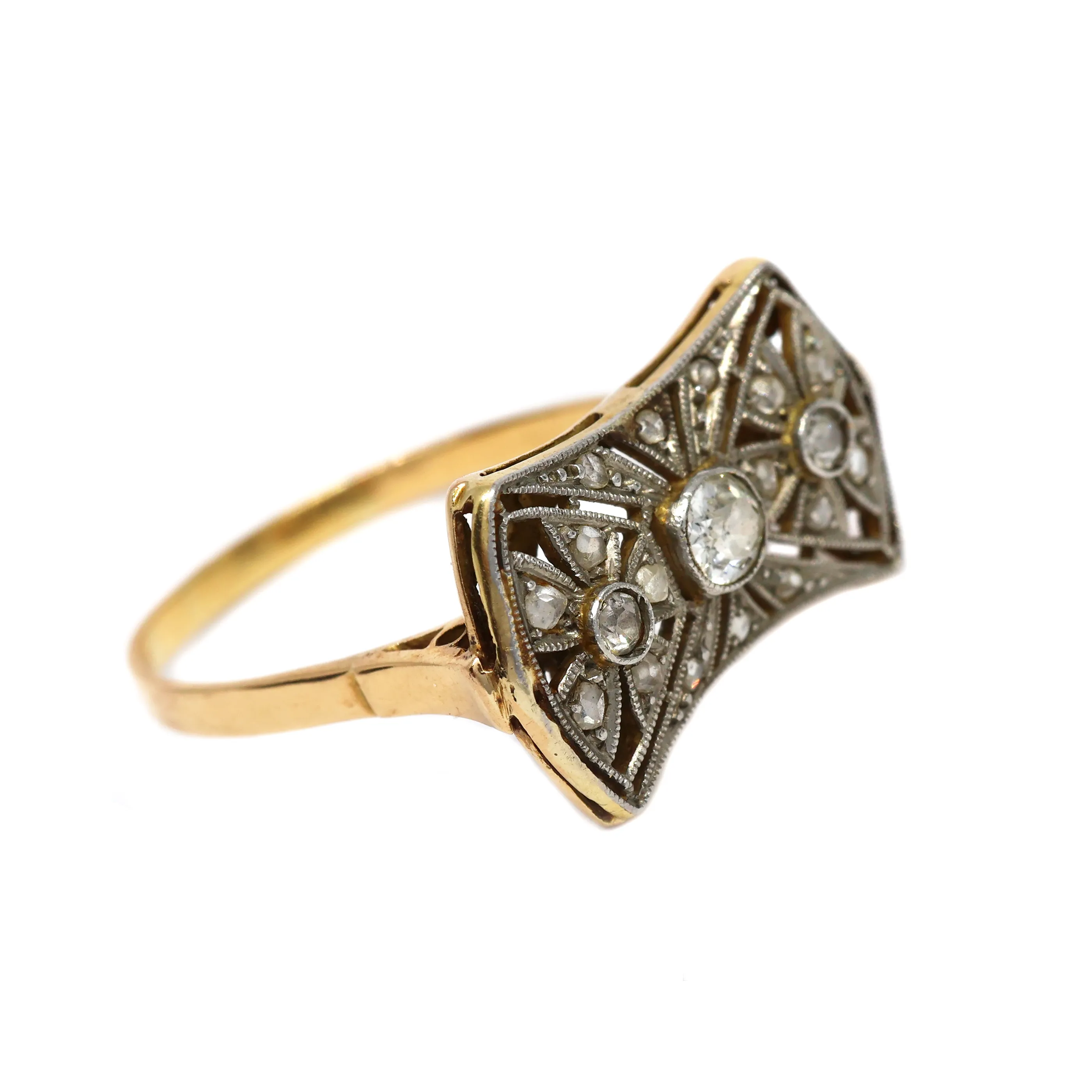 Art deco zlatý platinový prsten s diamanty - 7