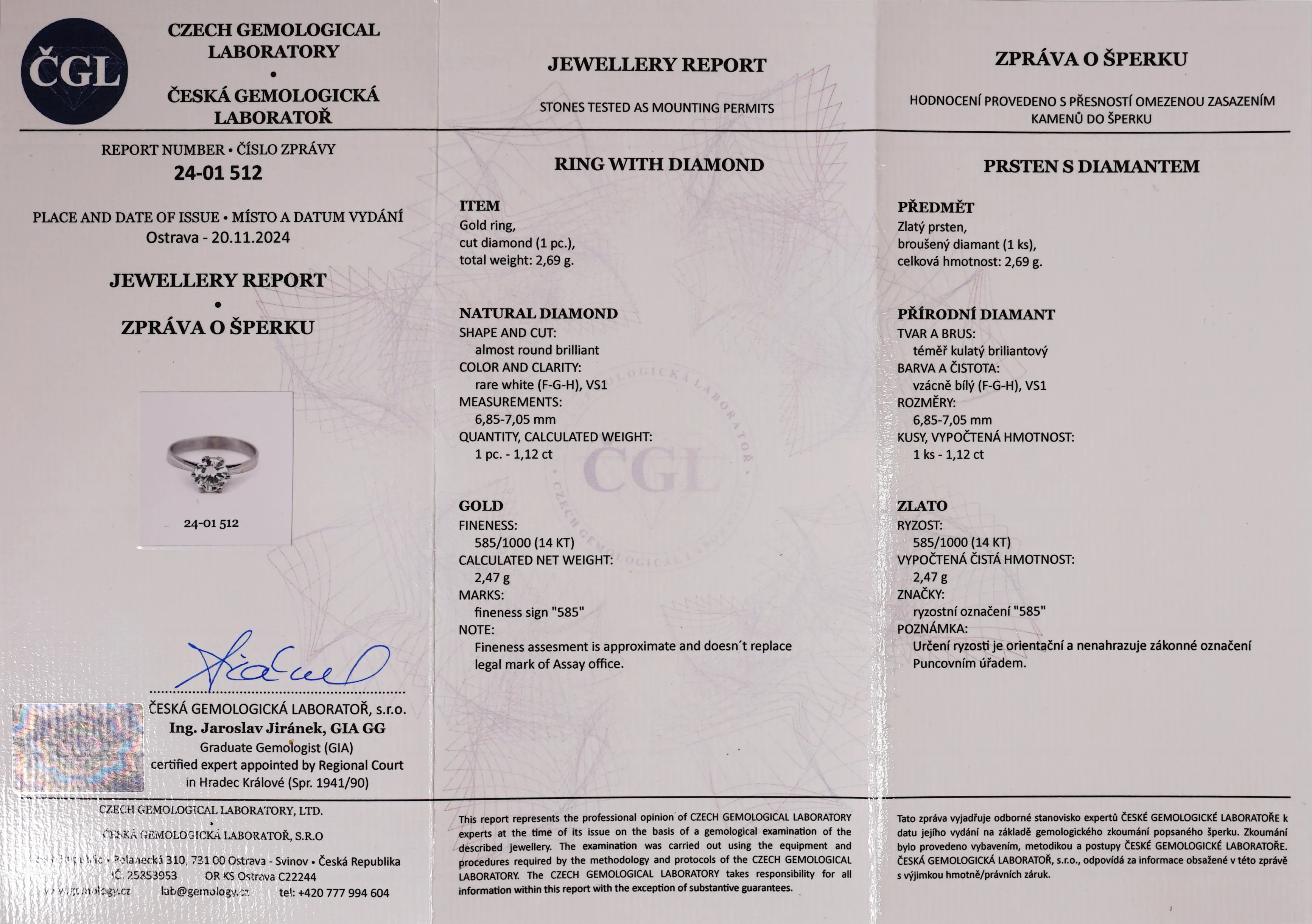 Zlatý prsten s briliantem 1,12 ct, vzácně bílý / certifikát / - 5