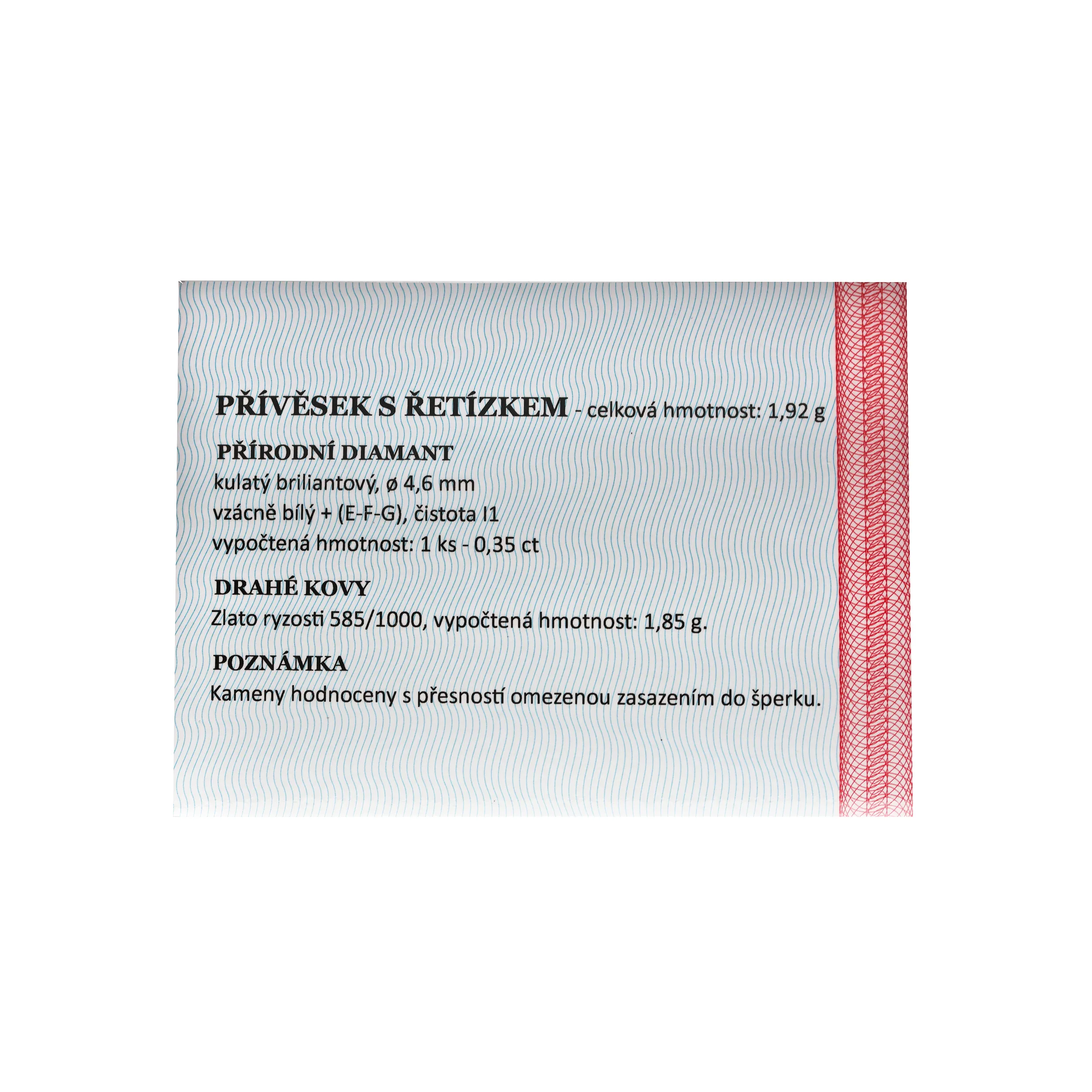 Zlatý přívěsek s diamantem 0,35ct(vzácně bílý E-F-G) + certifikát - 5