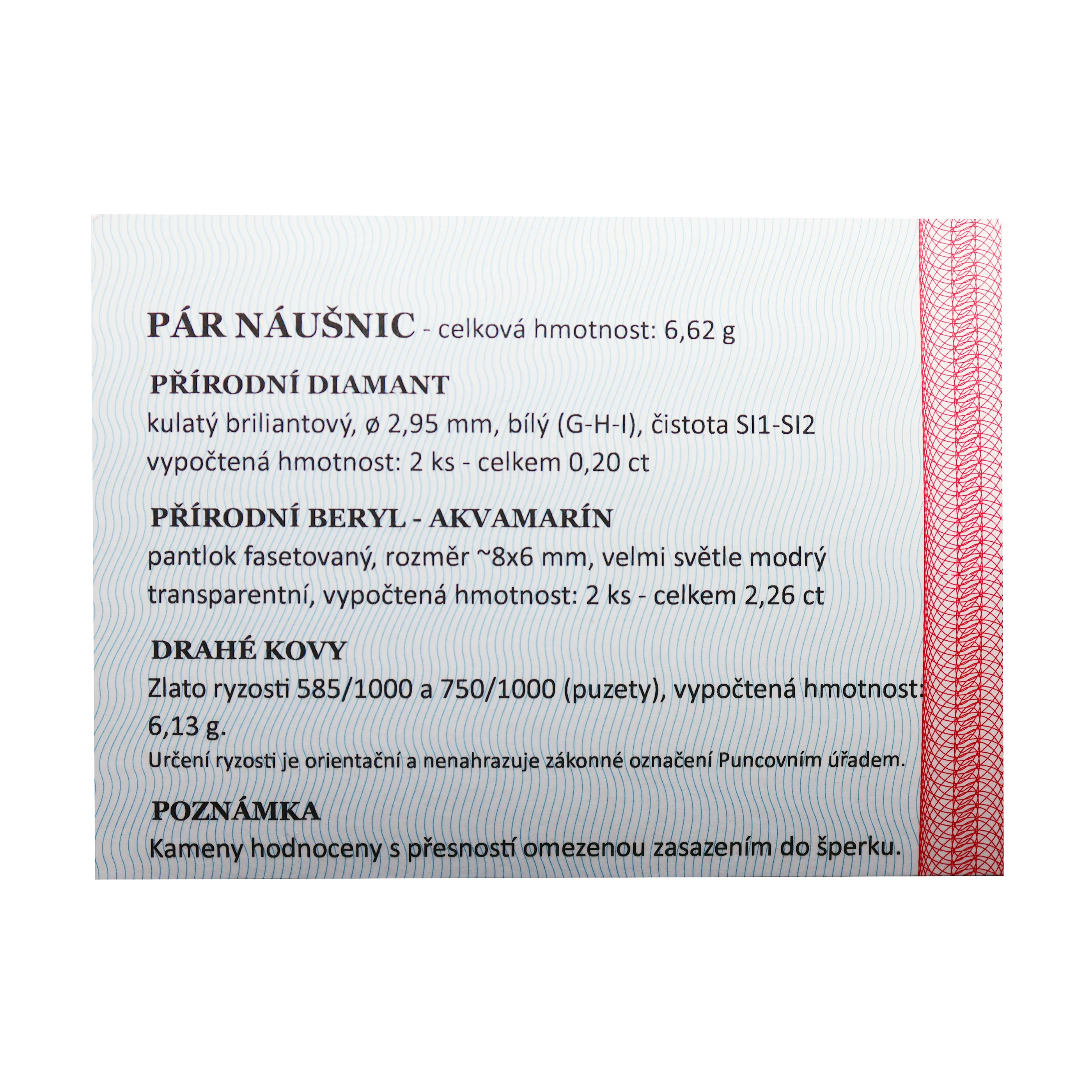 Zlaté náušnice s akvamaríny 2,26ct a brilianty 0,20ct +certifikát - 5