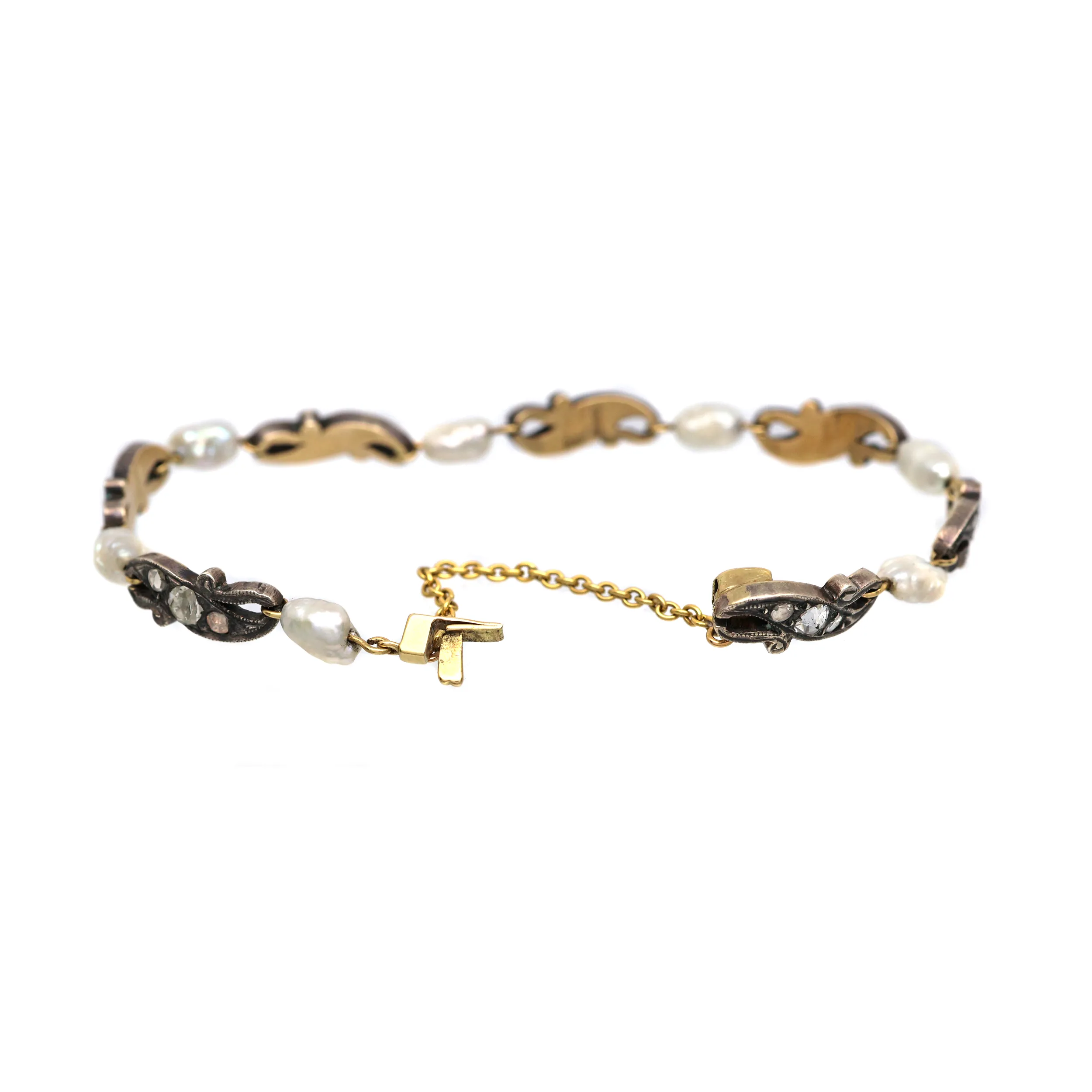 Starožitný zlatý náramek s diamanty 0,80ct a perlami (r.1900) - 2