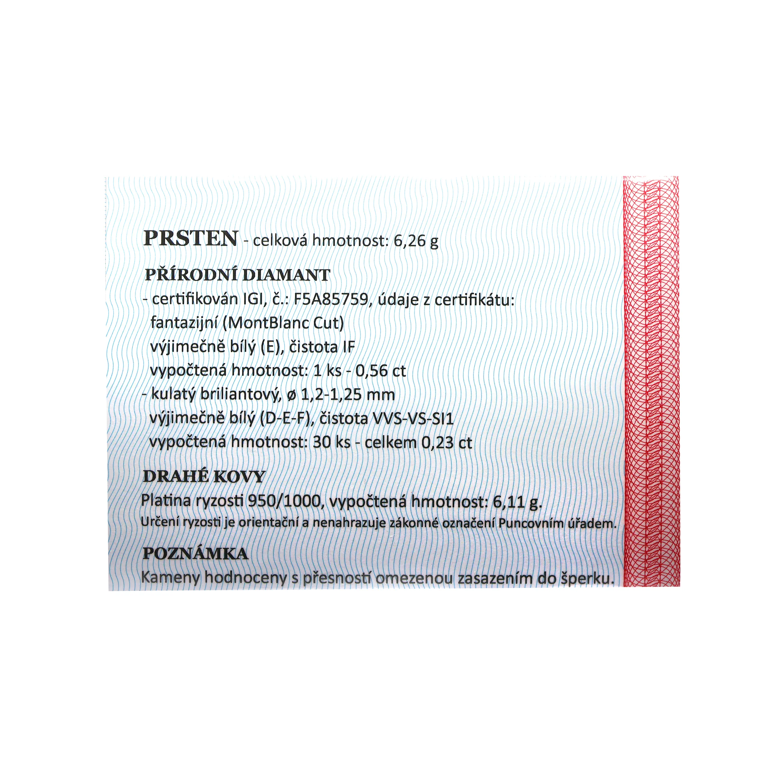 Platinový prsten s diamanty 0,56ct (E, IF) a 0,23ct(D-E-F) +certifikát IGI - 7