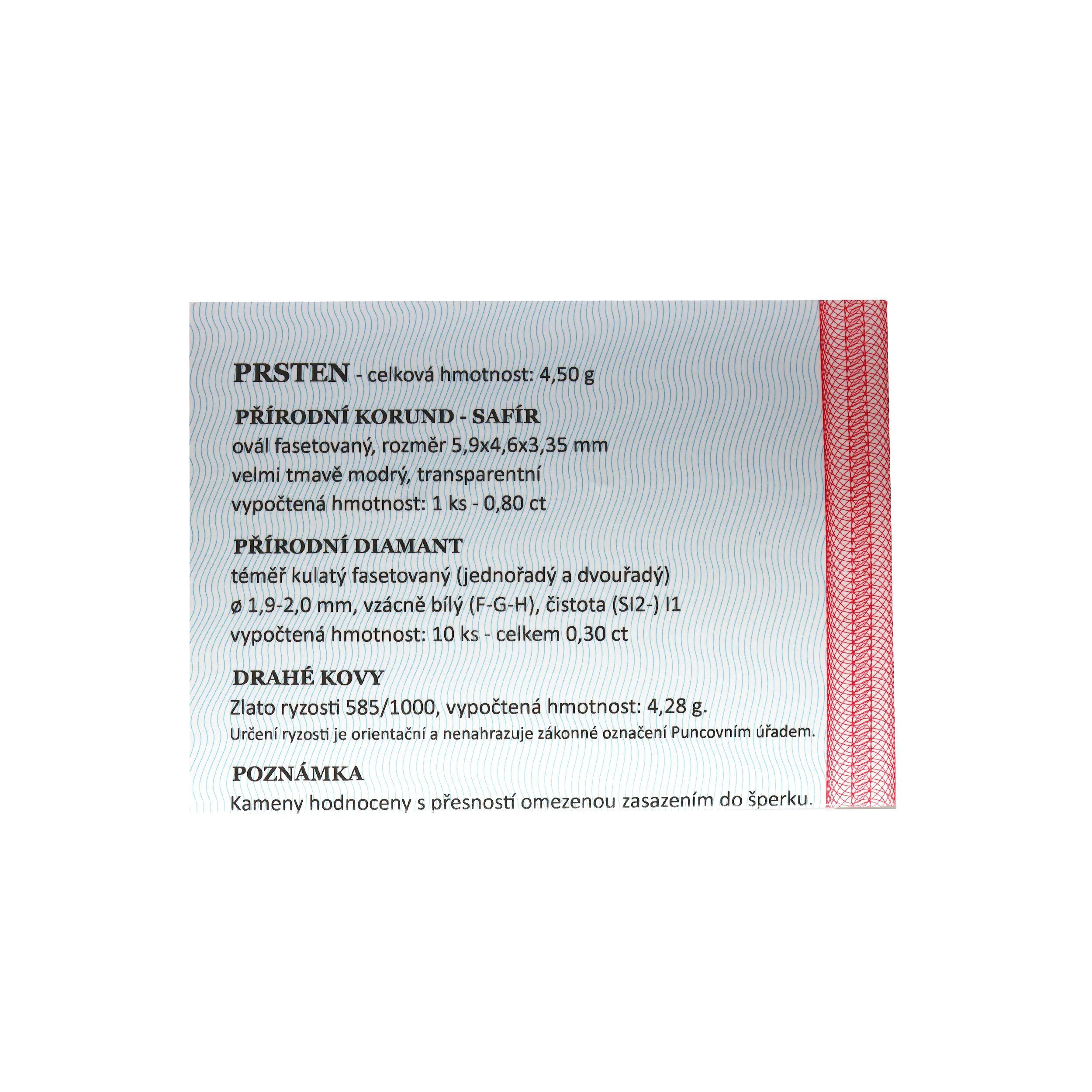 Zlatý prsten s přírodním safírem (0,80ct) a brilianty (F-G-H 0,30ct)+certifikát - 5