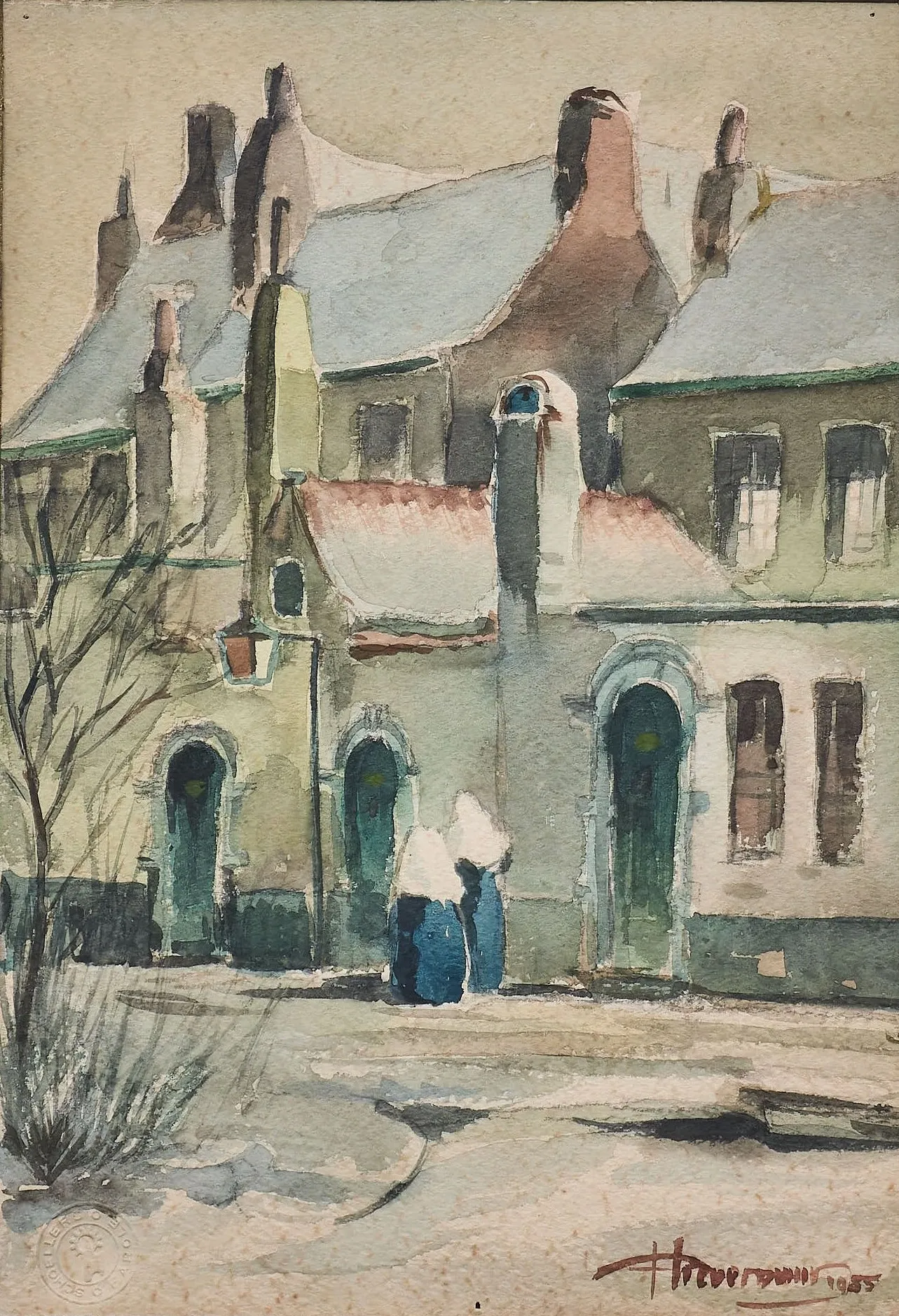 Jeptišky před klášterem akvarel 49 X 36 cm - 2