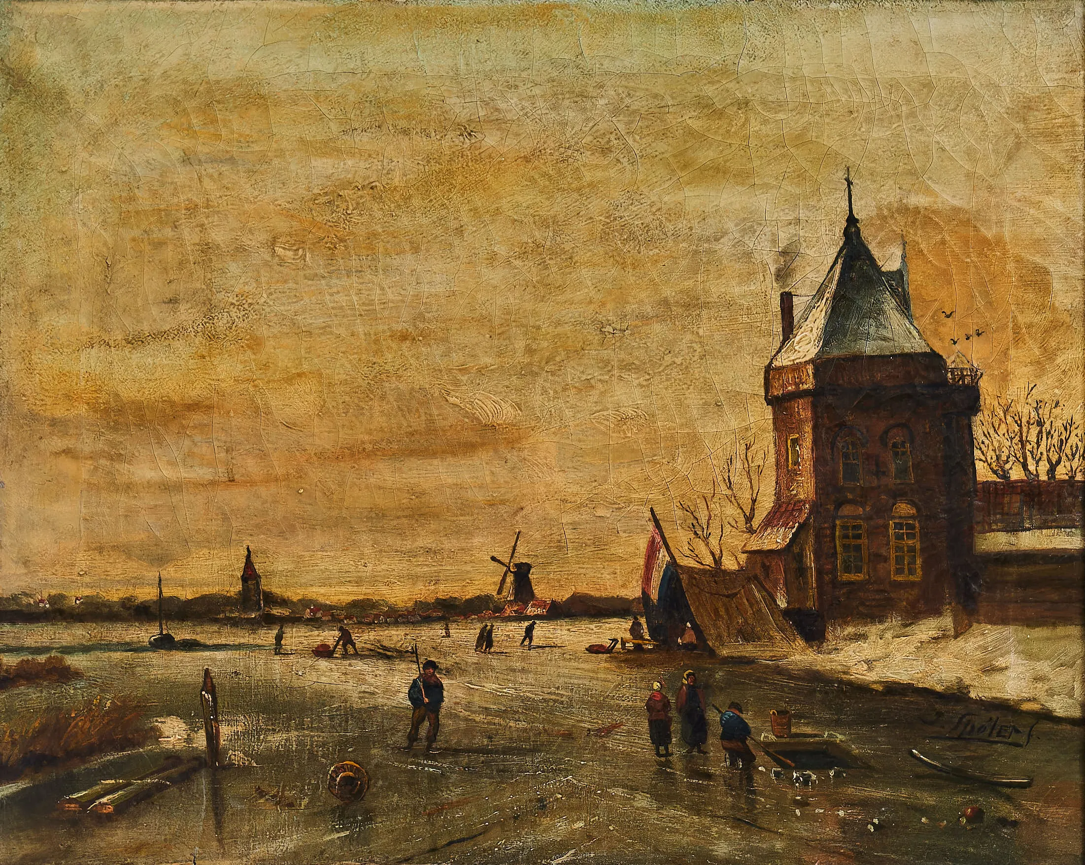 Zimní krajina s bruslaři – J. Spolet (1854–1912), olej na plátně - 2