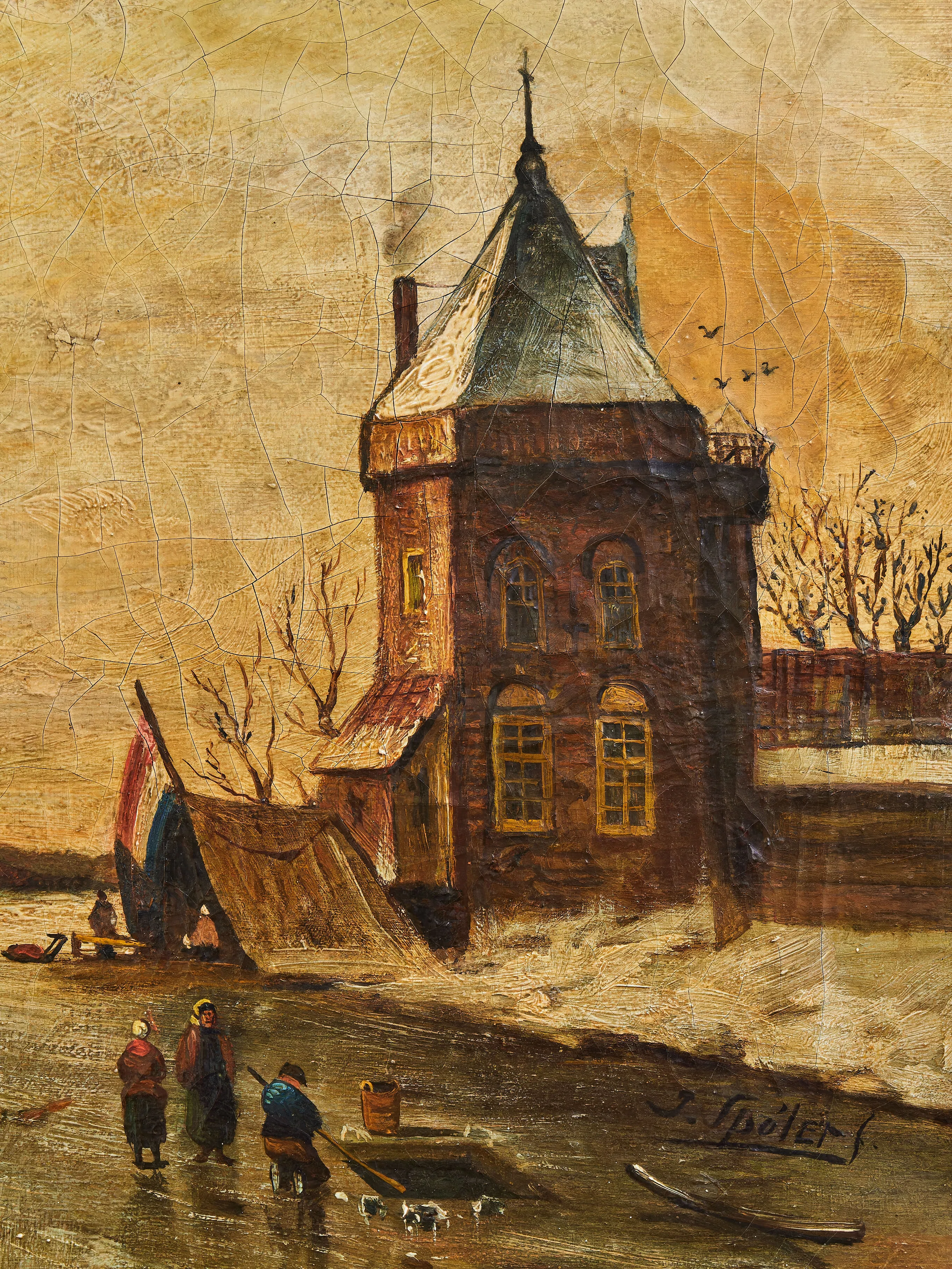 Zimní krajina s bruslaři – J. Spolet (1854–1912), olej na plátně - 3