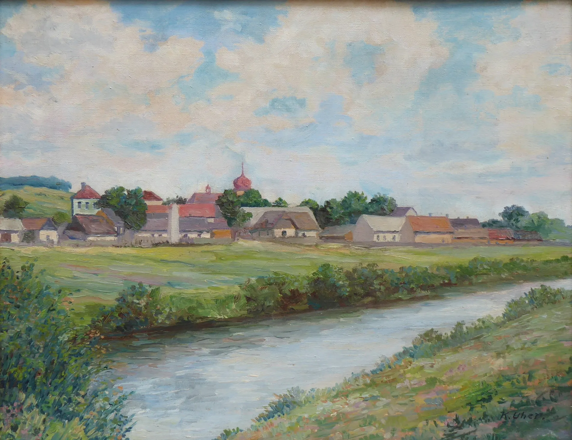 Karel Uher – Pohled na vesnici od řeky - 2