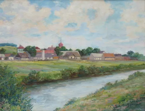 Karel Uher – Pohled na vesnici od řeky - 3