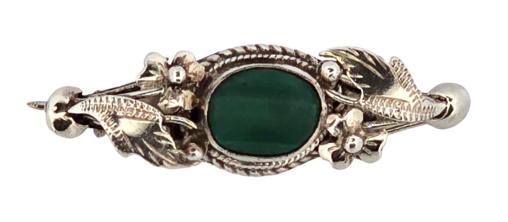 Stříbrná florální brož s malachitem
