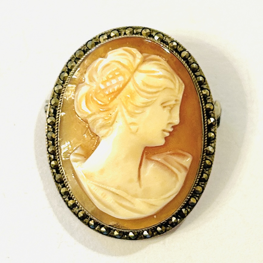 Stříbrná brož/přívěšek s kamejí a markazity