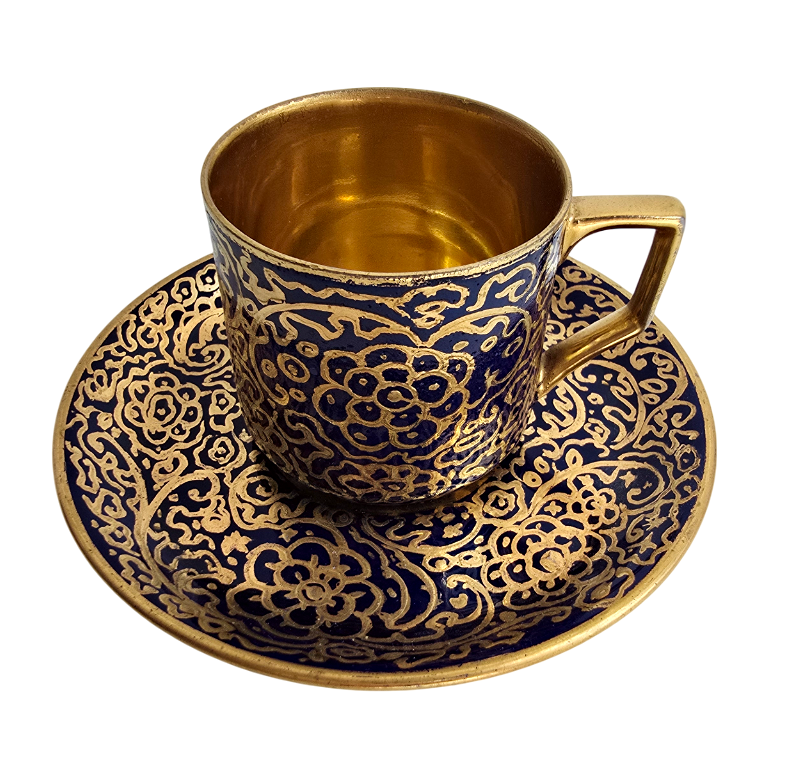 Starožitný moka šálek s podšálkem- zlato a kobalt