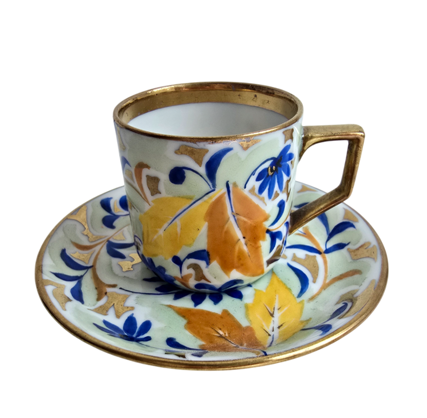 Starožitný moka šálek s podšálkem – podzimní květy