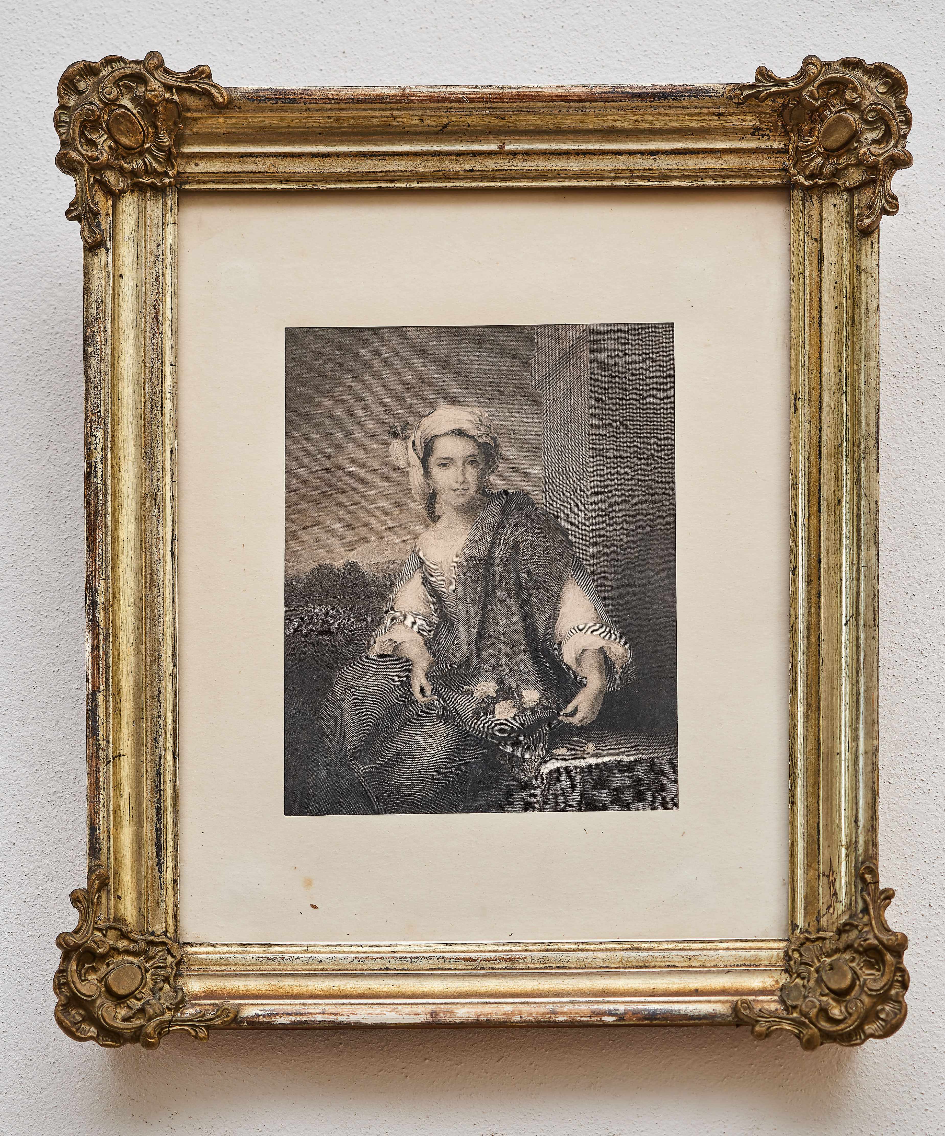 Grafika „Květinářka” z 19. století v krásném rámu