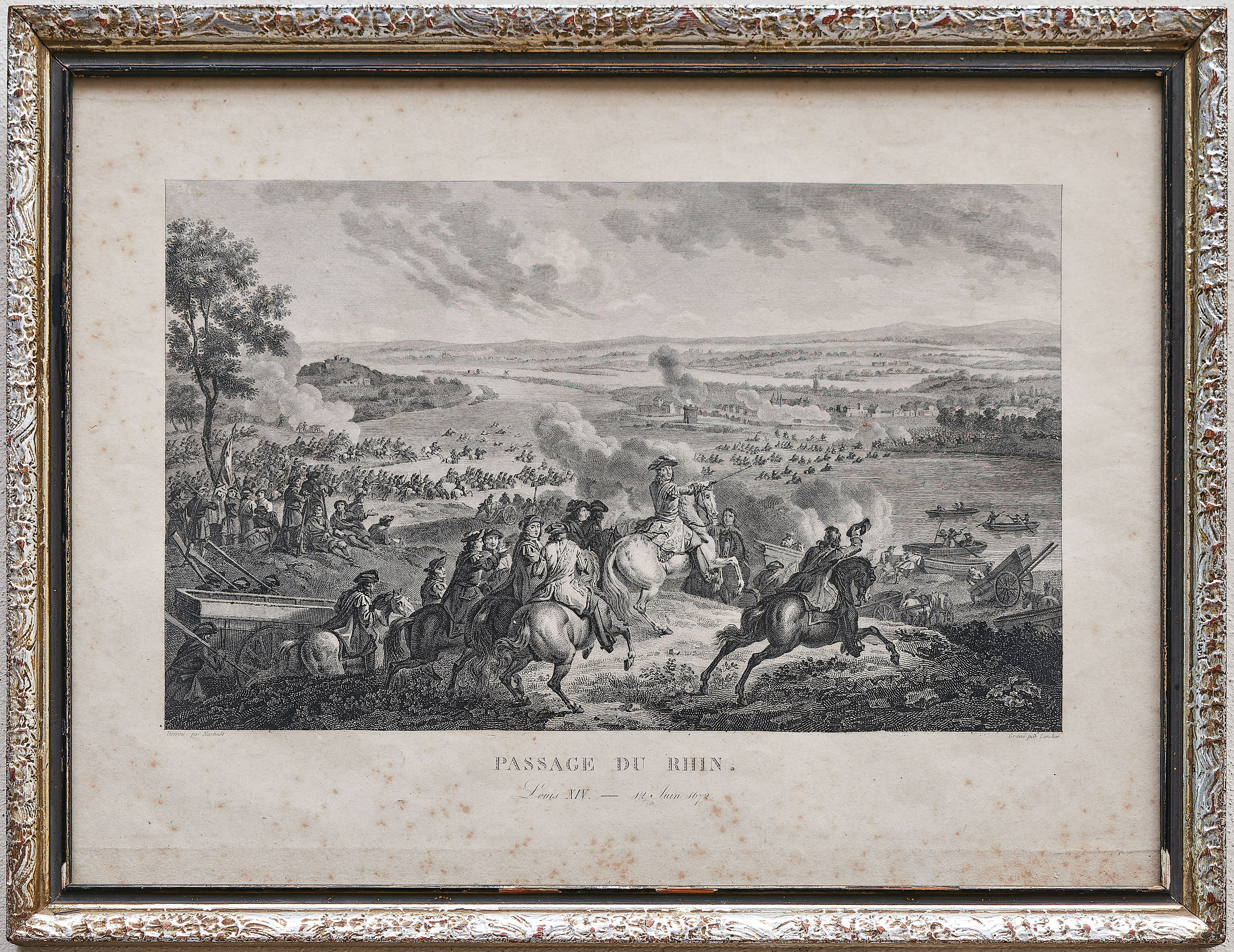 Mědirytina přechod přes Rýn vojska Ludvíka XIV