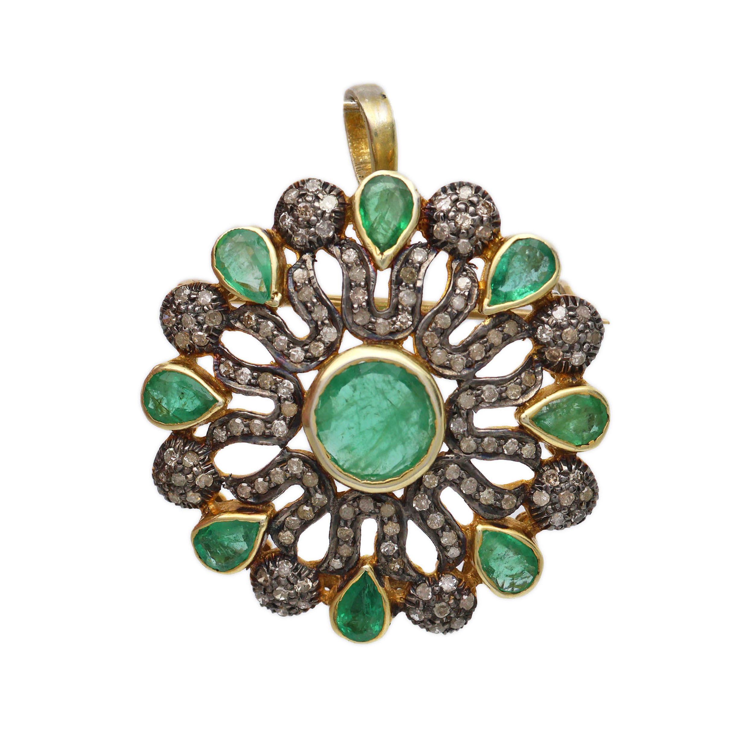 Zlatý velký přívěsek/brož s přírodními diamanty a smaragdy