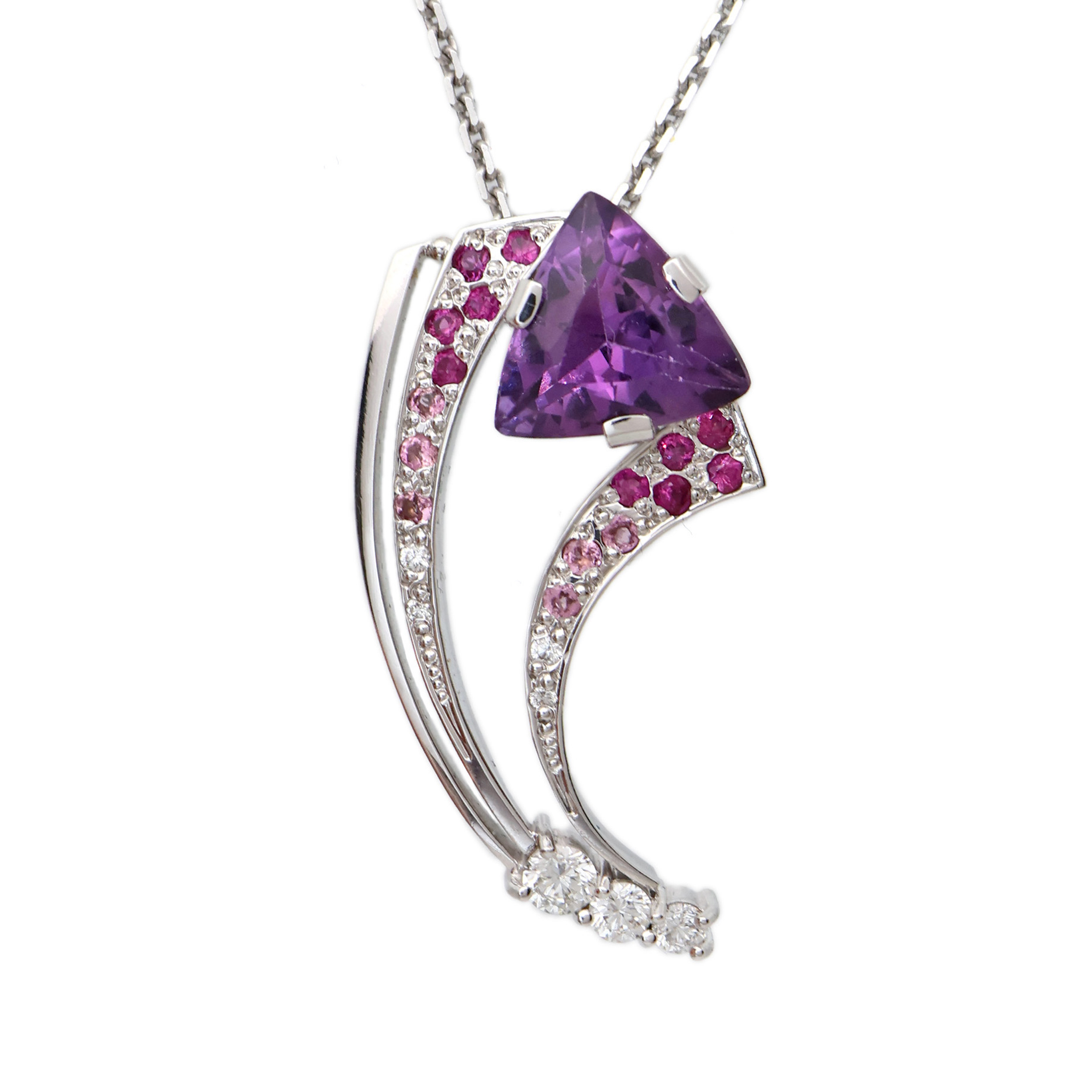 Zlatý přívěsek s přírodními diamanty, rubíny, ametystem, turmalínem +certifikát