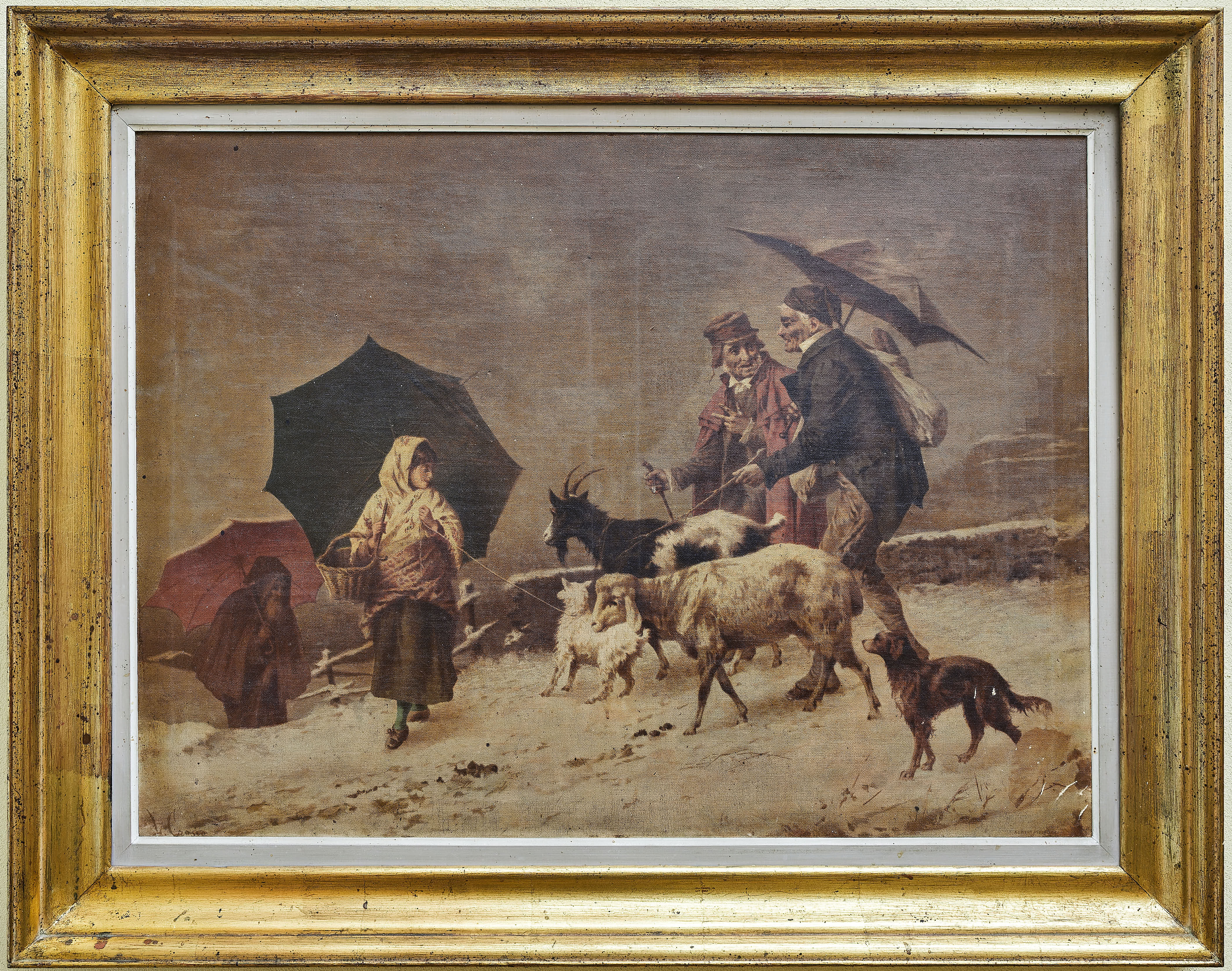 Starožitný tisk na plátně – venkovská zimní scéna s pastevci, kozami a ovcemi ve zlaceném rámu 81 × 103 cm