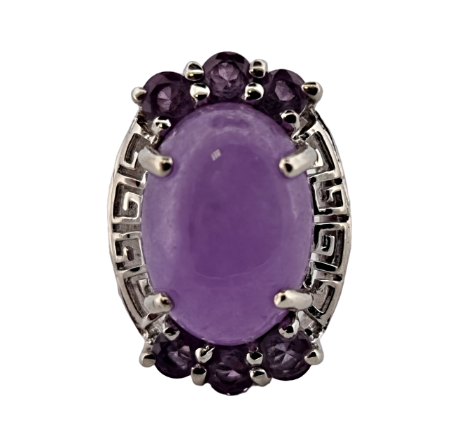 Stříbrný prsten s levandulovým jadeitem a ametysty