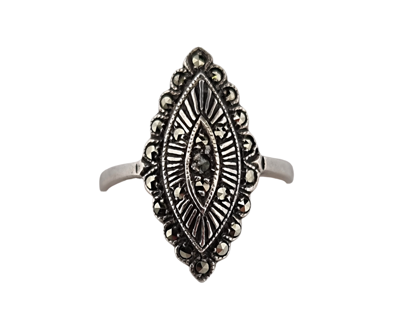 Stříbrný secesní prsten s markazity