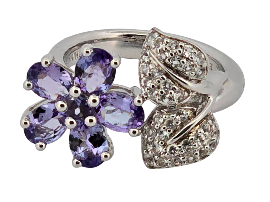 Stříbrný prsten „květina“ s tanzanity a diamanty