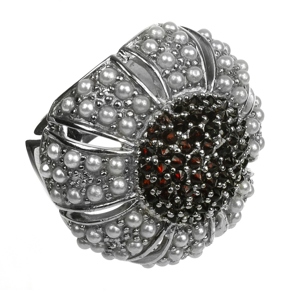 Stříbrný prsten s perličkami a granáty