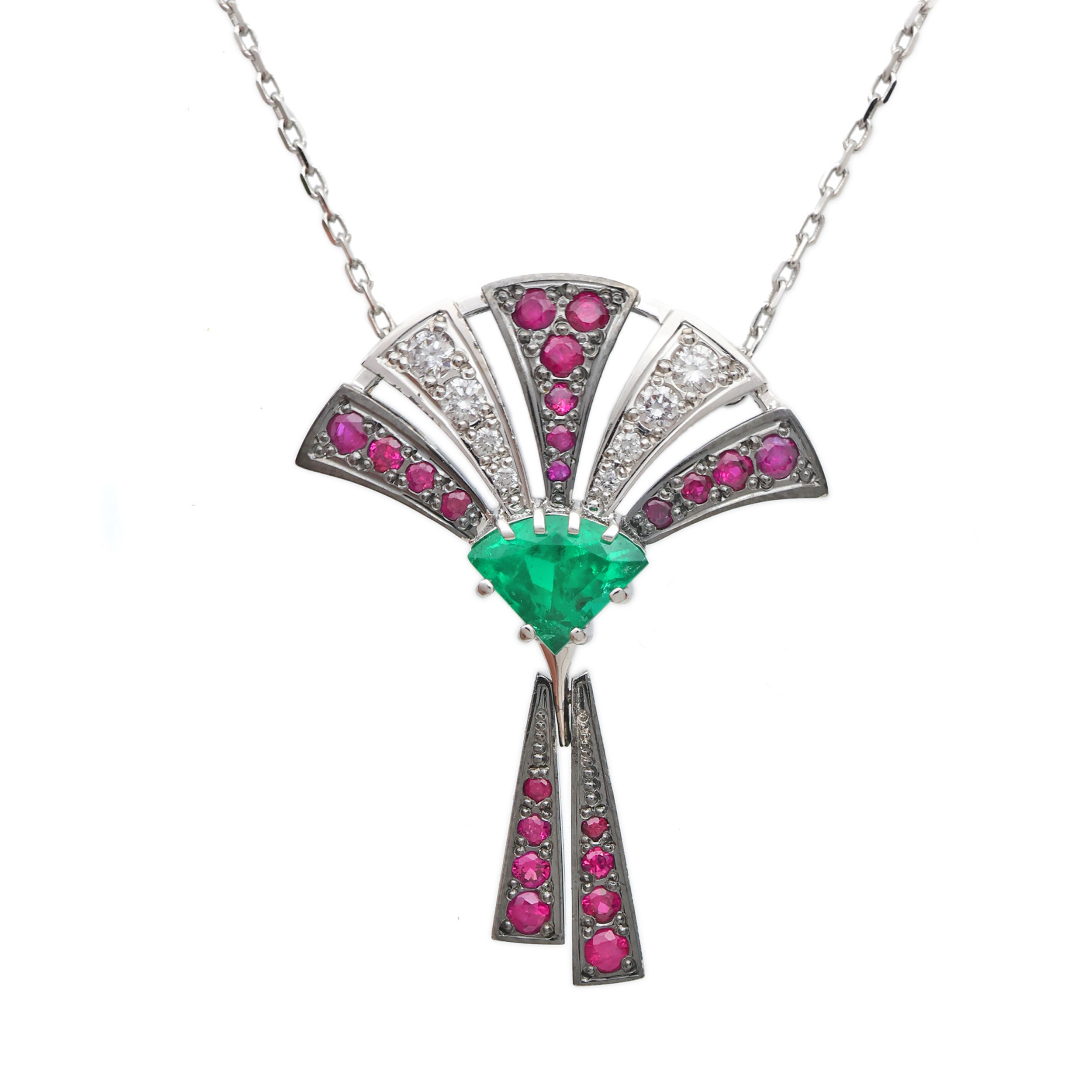 Zlatý náhrdelník s přírodními smaragdy, rubíny, brilianty – design + certifikát