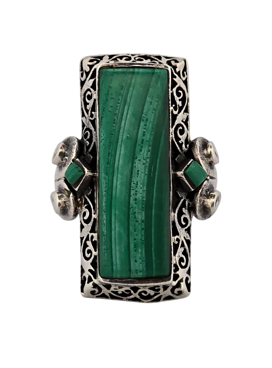 Luxusní Art Deco stříbrný prsten s malachitem
