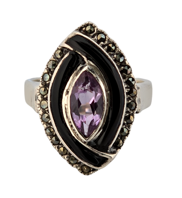 Stříbrný Art Deco prsten s ametystem a emailem