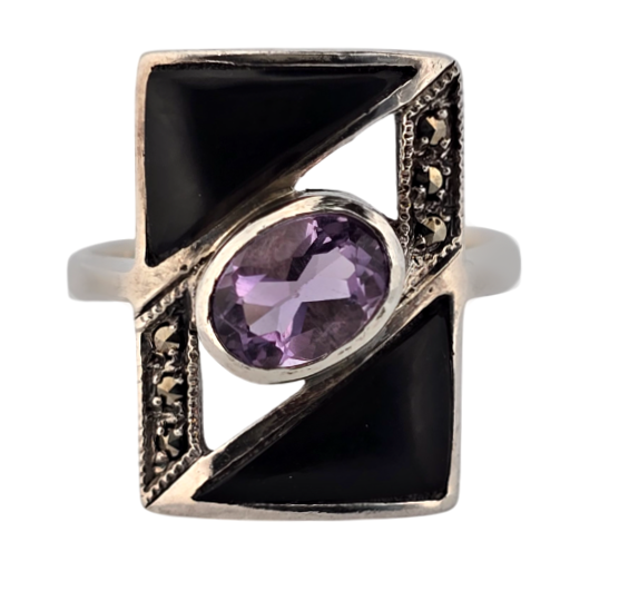 Stříbrný art deco prsten s ametystem a emailem