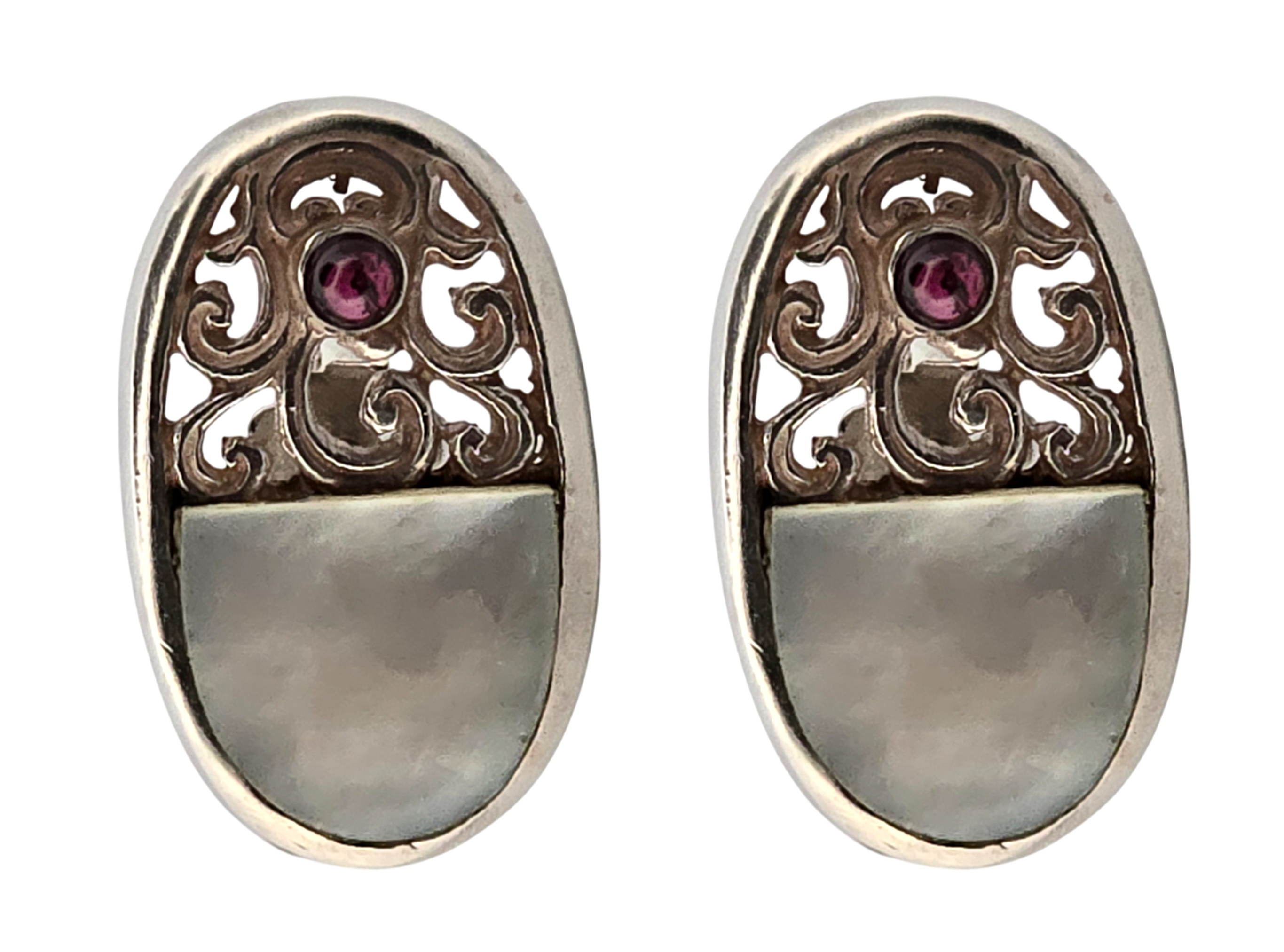 Stříbrné Art Deco náušnice s perletí a granáty