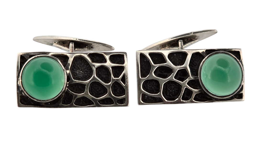 Stříbrné Art Deco manžetové knoflíčky s chryzoprasem