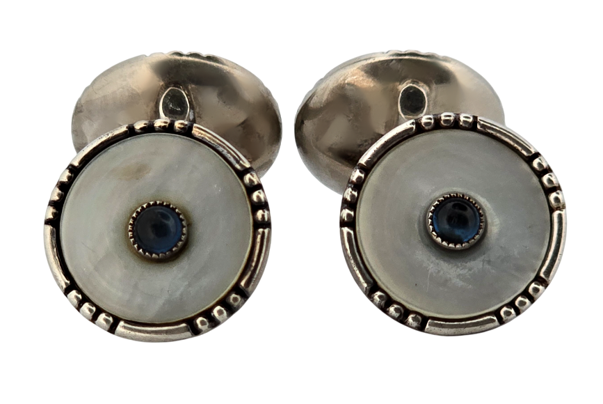 Stříbrné oboustranné manžetové knoflíčky s perletí a safírovým sklem