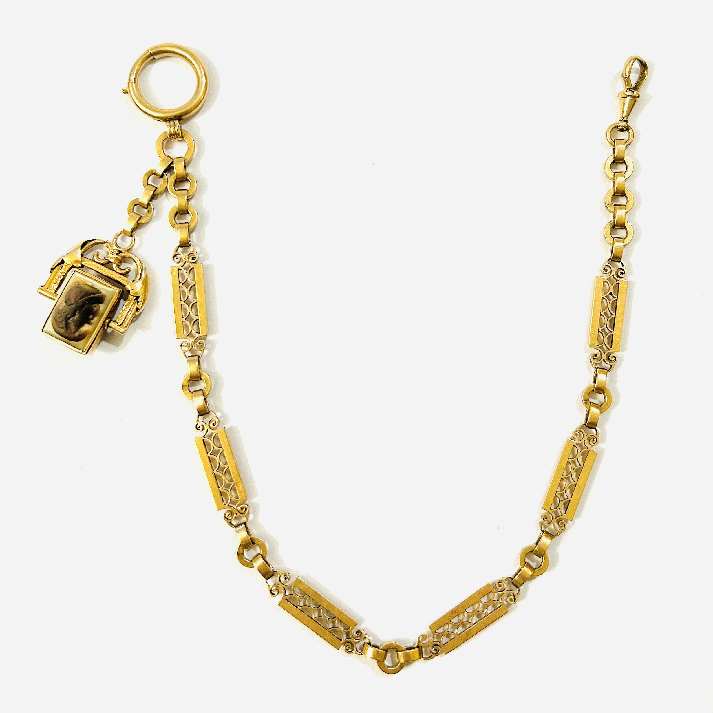 Zlatý starožitný řetízek k hodinkám s hematitem a perletí