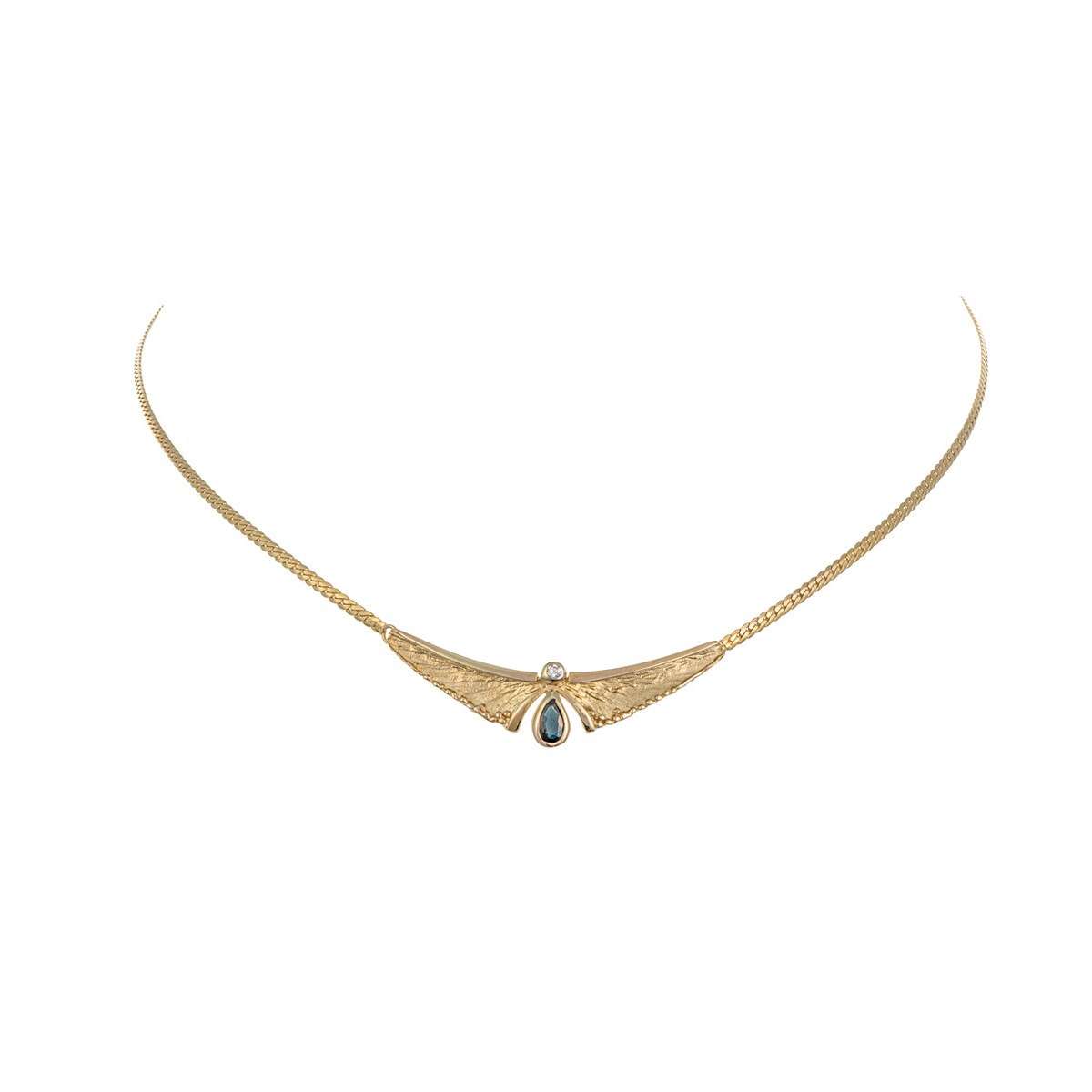 Zlatý náhrdelník s přírodním safírem a diamantem