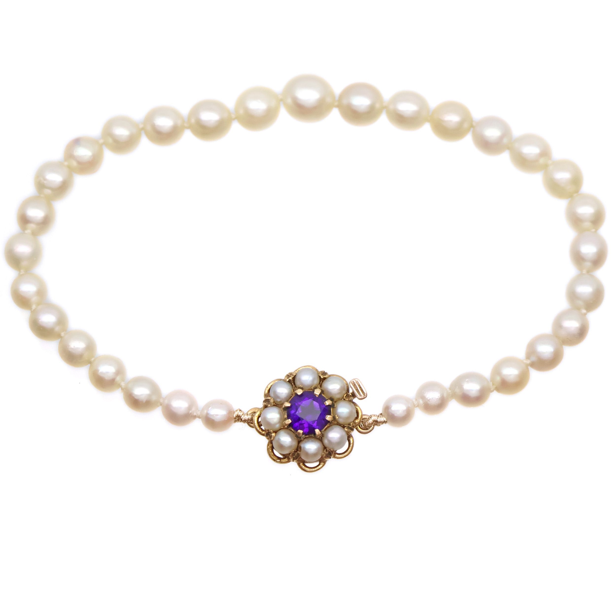 Zlatý náramek s mořskými perlami Akoya a ametystem