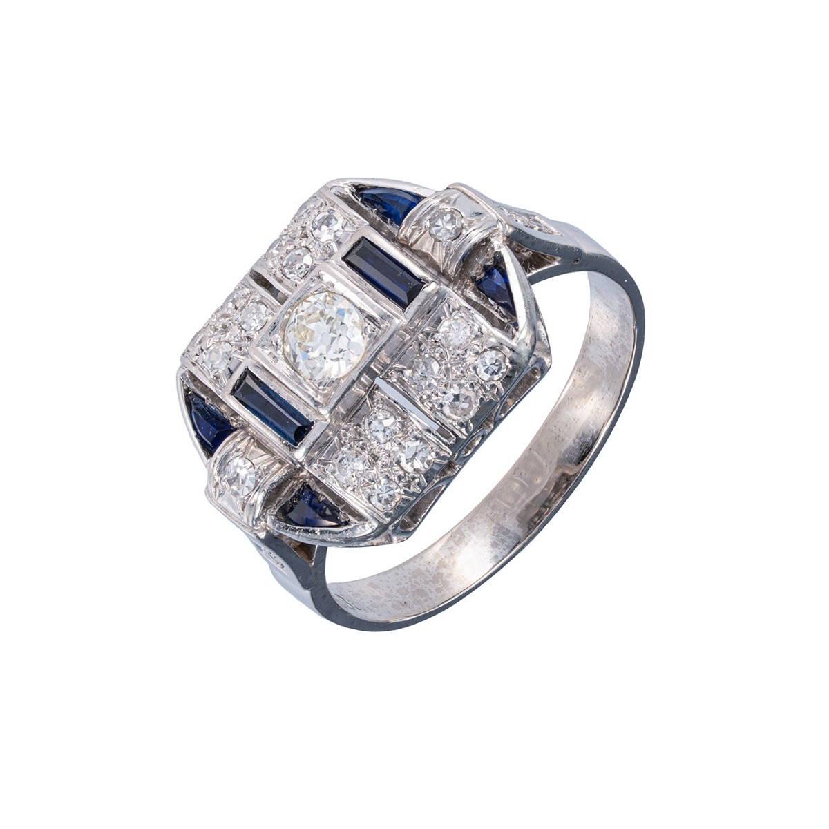 Zlatý prsten s diamanty 0,55 ct a safíry 0,27 ct Art Deco (vzácně bílý)