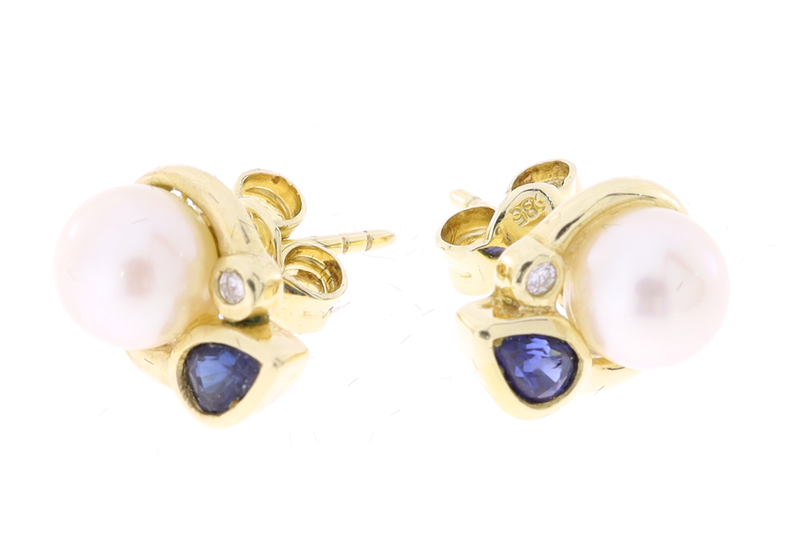 Zlaté náušnice s perlou, safírem a diamantem