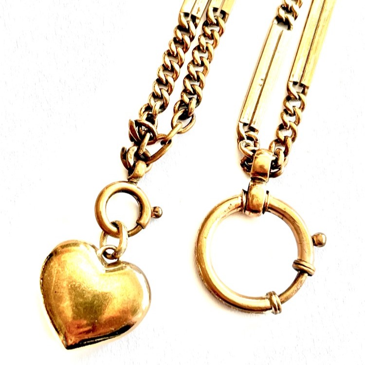 Starožitný řetízek k hodinkám s přívěškem srdce – obecný kov