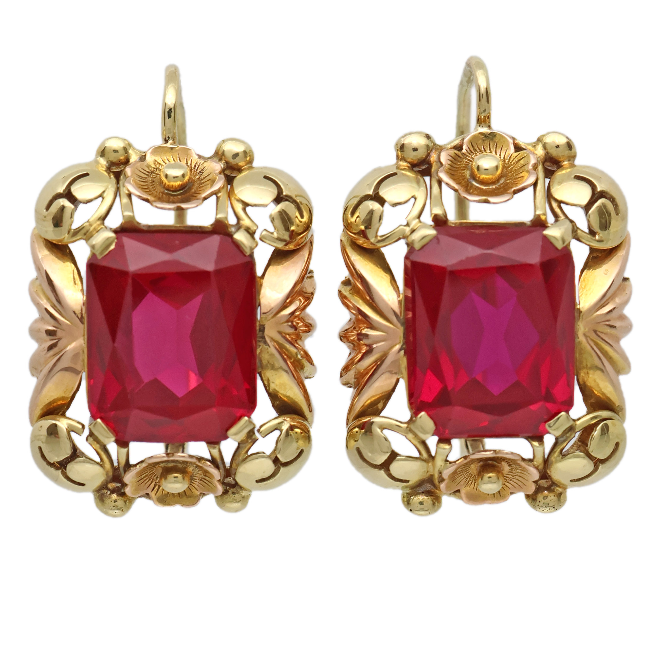 Zlaté náušnice s rubíny, punc lvíček