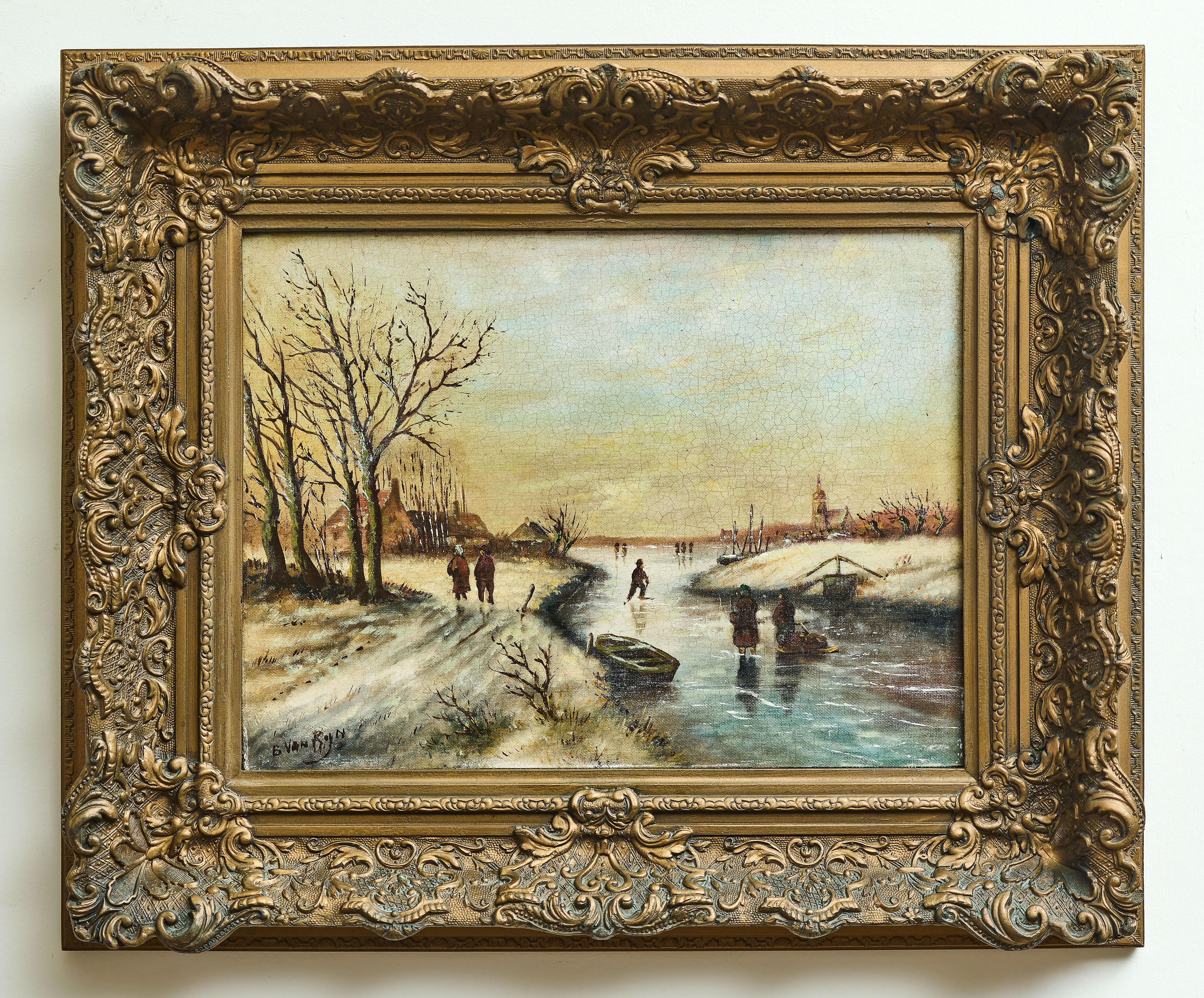 Zimní krajina s postavami na zamrzlé řece, olej na dřevěné desce, signováno B. Van Rijn