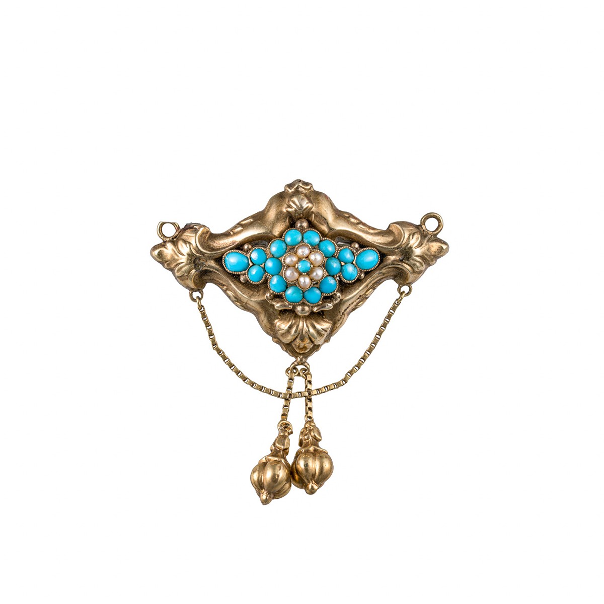 Zlatá starožitná brož/přívěs s tyrkysy