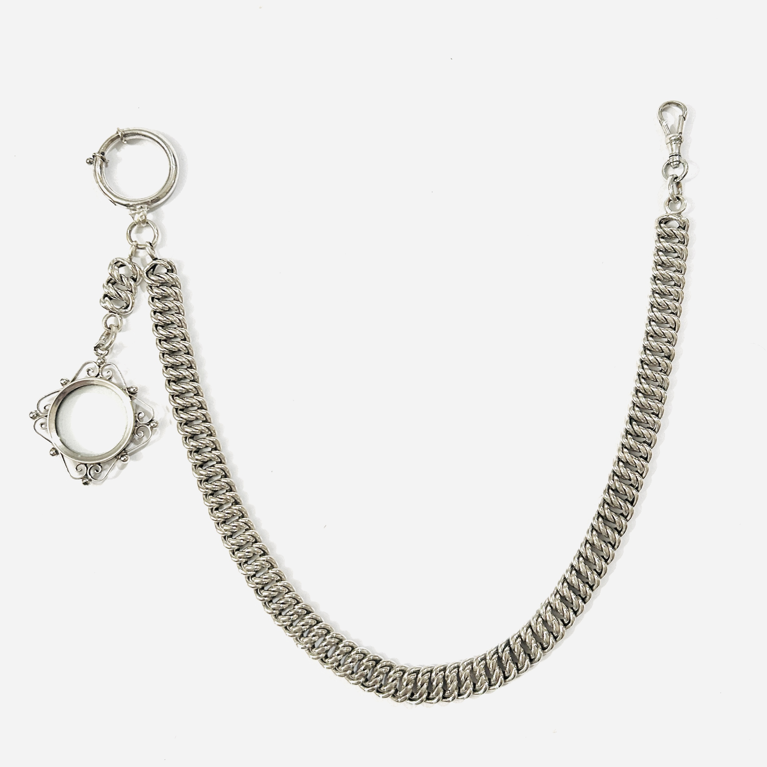 Stříbrný starožitný řetízek k hodinkám s medailonem na fotografie